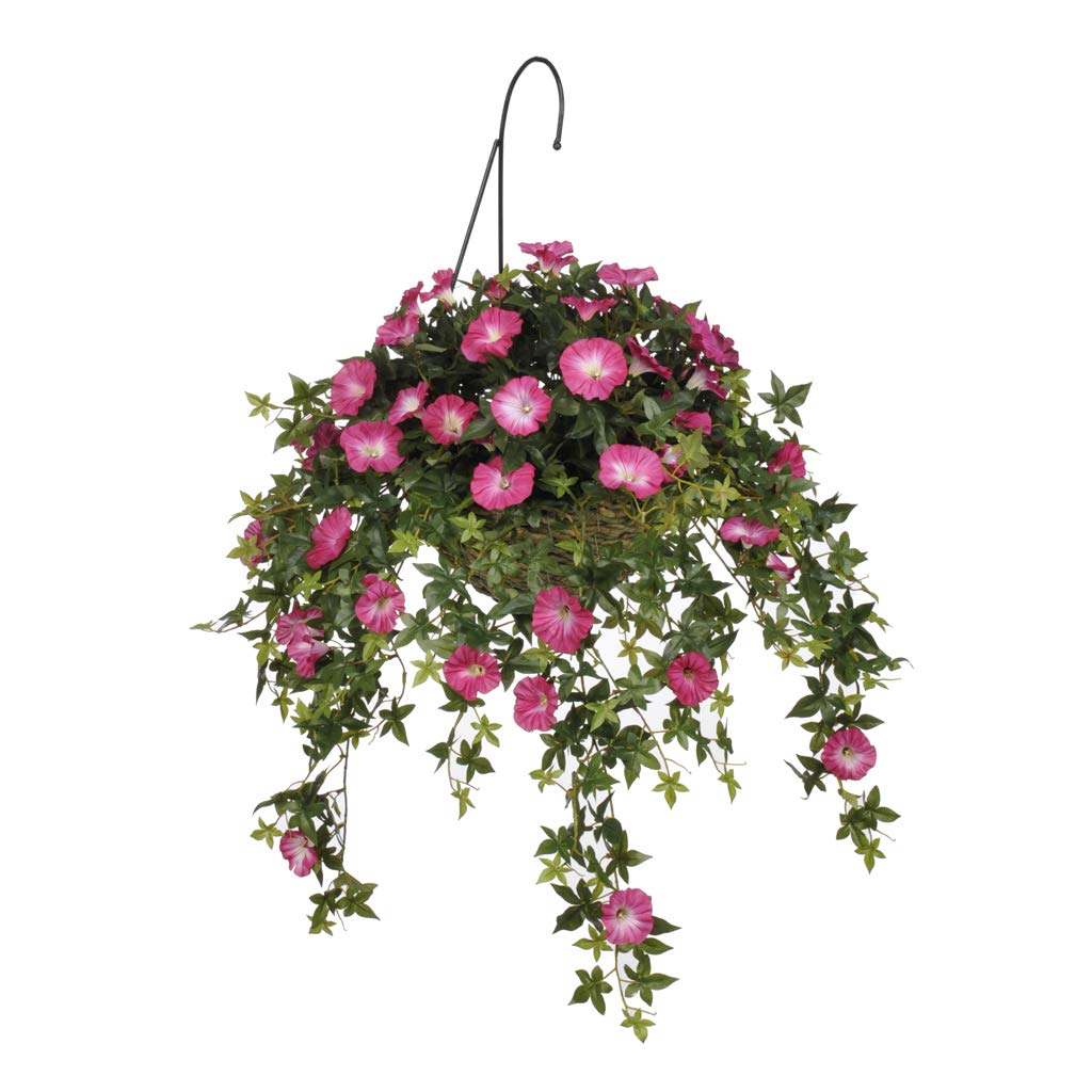 Artificial Pink Morning Glory Silk Flowers in Natural Water Hyacinth Hanging Basket - Perfect for Porch Decor, Wedding Centerpieces & Home Garden Decoration
