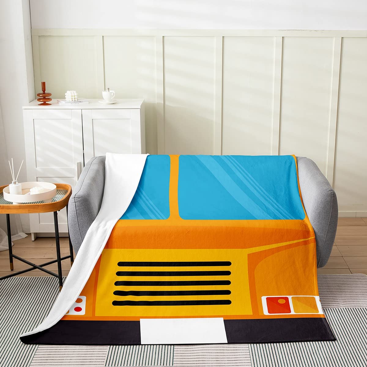 Kids School Bus Print Fleece Throw Blanket | Cartoon Vehicle Pattern Soft Plush Blanket for Bed, Sofa & Couch | All-Season Breathable 40