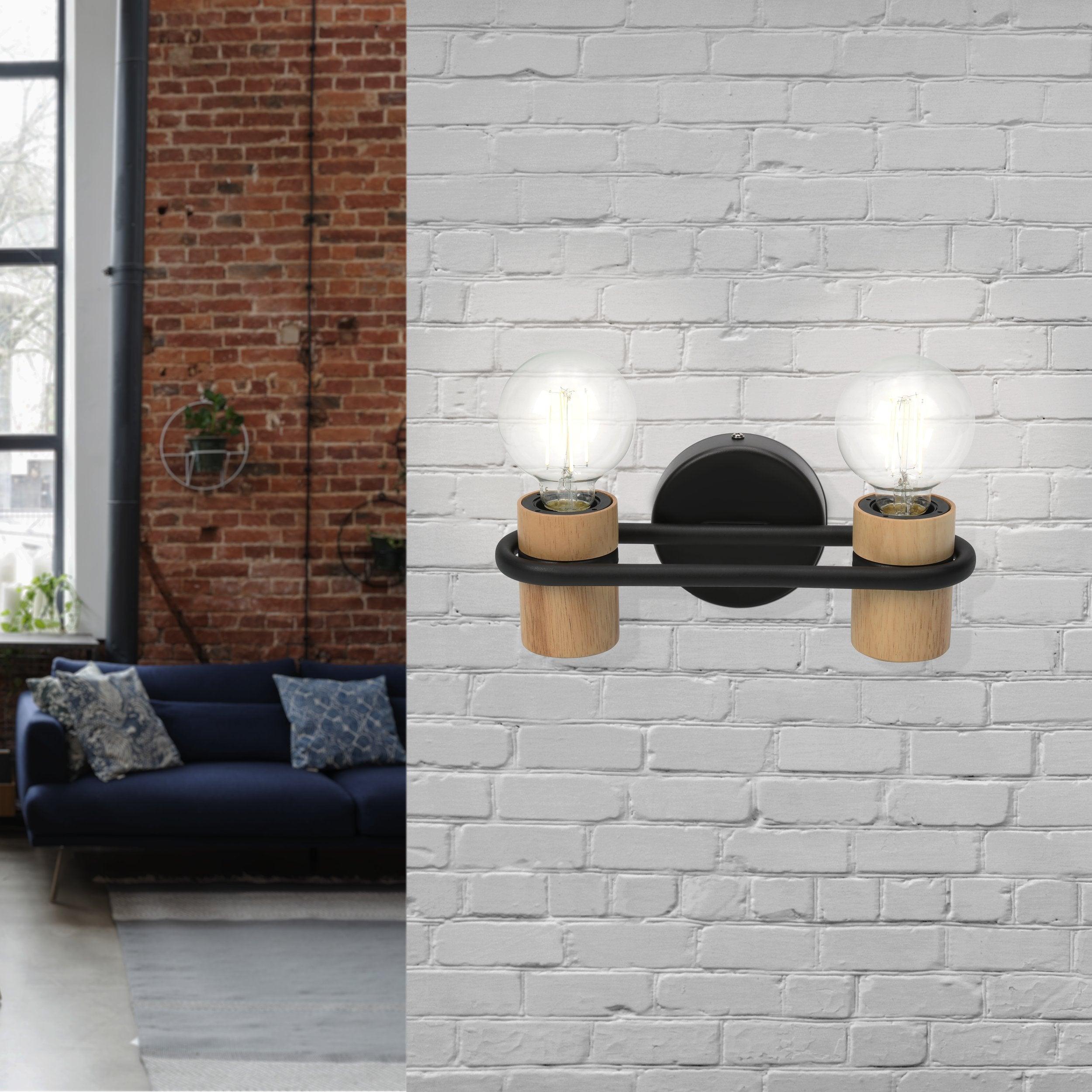 Eglo Chieveley 2-Light Black & Light Wood Wall Sconce - Modern Farmhouse Lighting for Bedroom, Hallway, and Living Room Decor