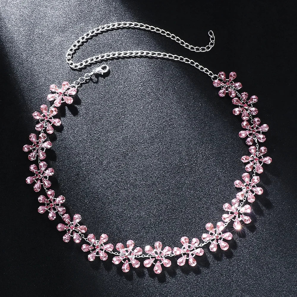 Elegant Pink Crystal Flower Choker Necklace for Women - Rhinestone Statement Collar Jewelry - Perfect for Parties, Weddings & Date Nights