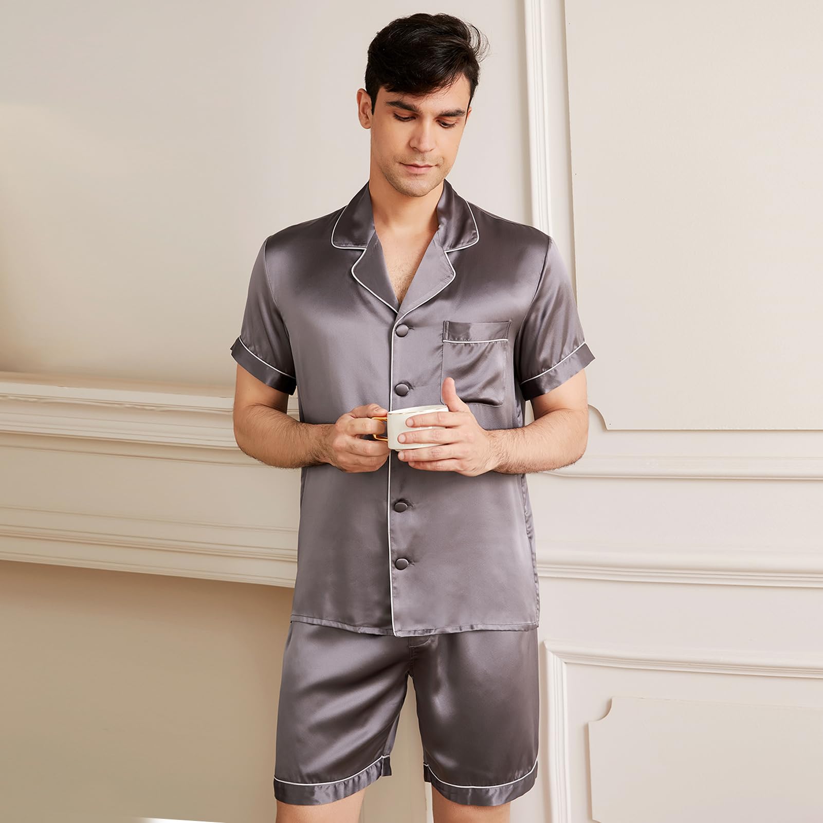THXSILK Men's Pure Mulberry Silk Pajama Set - Short Sleeve Shirt & Shorts for Comfortable Sleepwear | Perfect for Summer Nights, Lounging & Gift Giving