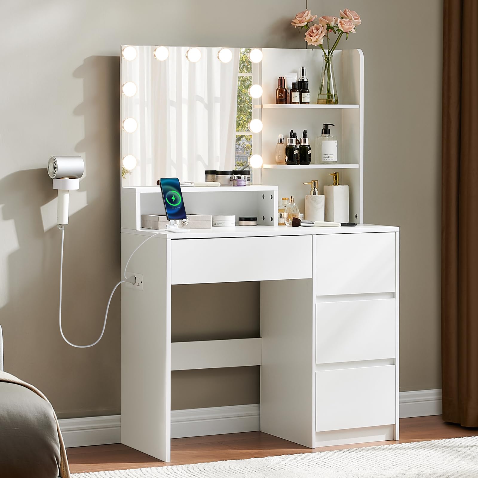 Modern White Vanity Desk with LED Lights & Mirror - Makeup Dressing Table with Power Outlet, USB Ports, 4 Drawers & 3 Shelves - Adjustable 3-Color Lighting for Bedroom, Small Spaces - Perfect for Girls' Makeup, Skincare & Home Office Setup