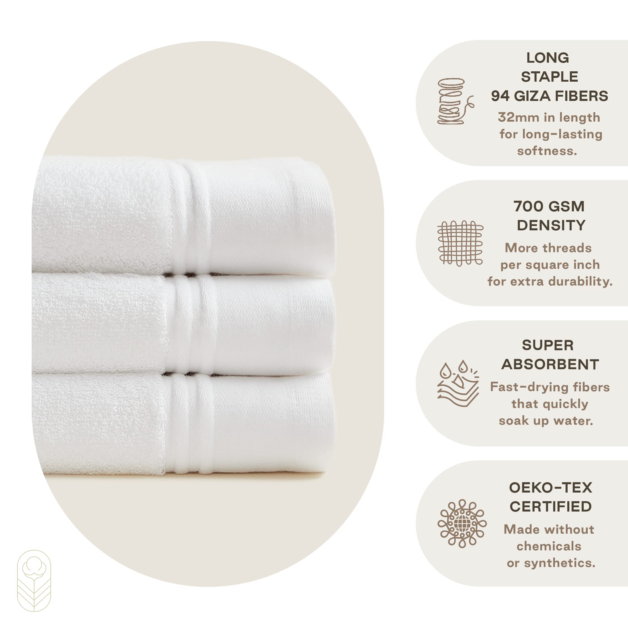 Premium 100% Cotton Bath Towel Set - 700 GSM Luxury Towels for Bathroom & Spa, 2 Bath Towels, 2 Hand Towels & 2 Washcloths - Ultra Soft, Absorbent & Durable - White with Double Stripe - Perfect for Hotels, Guest Bathrooms & Luxury Home Decor