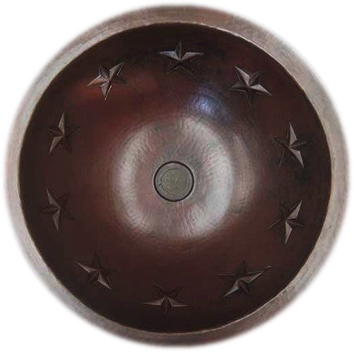 Handmade Round Hammered Copper Sink with Star Design - Vintage Farmhouse Kitchen Sink for Rustic Bathroom & Outdoor Bar Decor