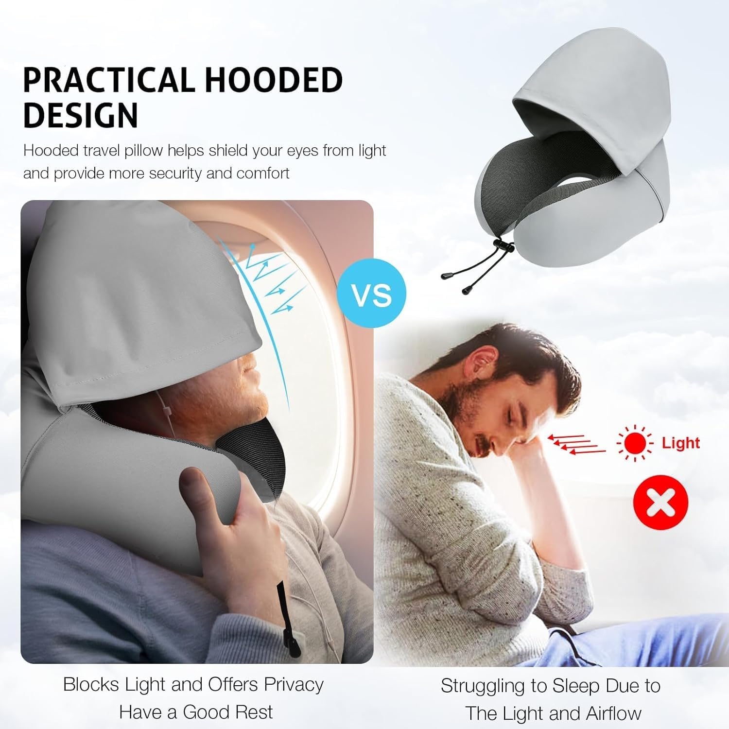 Meneflix Travel Pillow for Airplane - Memory Foam Neck Pillow with Hood & Velvet Cover - Ergonomic Head & Neck Support for Long Flights, Office & Car Sleeping - Grey (Perfect for Business Travel & Road Trips)
