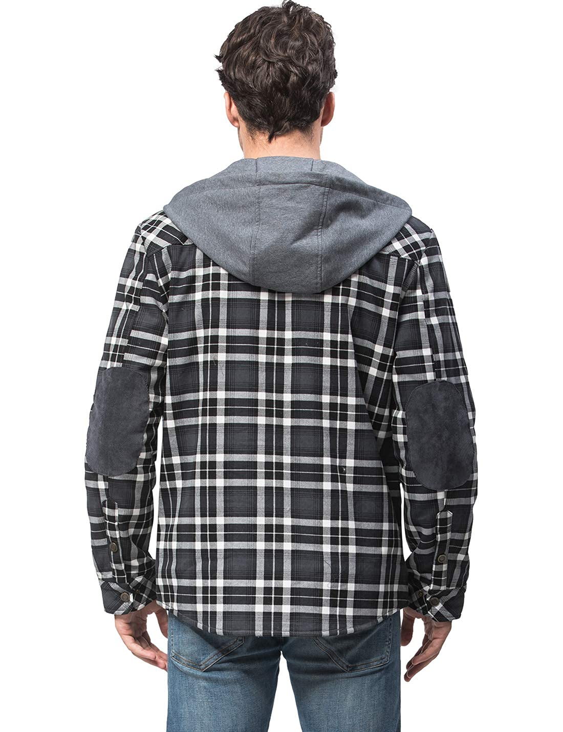 PEHMEA Men's Cotton Plaid Flannel Shirt Jacket - Fleece Lined Sherpa Hooded Button Down for Winter (Gray, Large) | Outdoor Work & Casual Wear