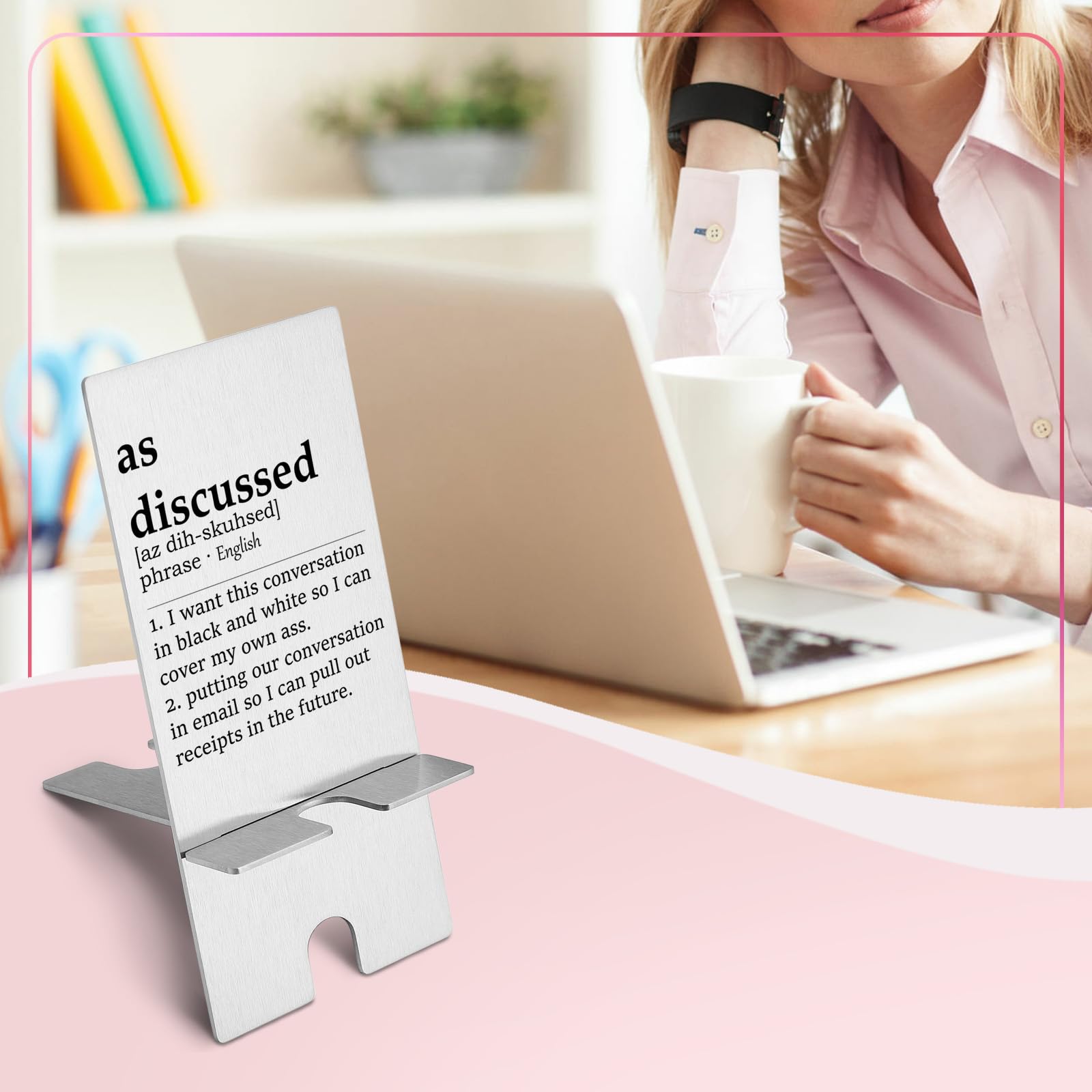 YODOCAMP Funny 'As Discussed' Definition Metal Phone Stand - Desk Holder for iPhone & Android - Unique Office Gifts for Women, Men, Boss & Coworkers - Perfect for Home Office, Work Desk & Gift Giving