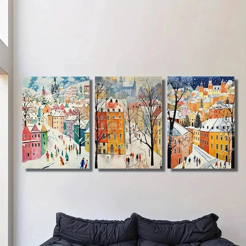 3-Piece Winter Snow Scene Metal Wall Art - Urban Landscape with Trees - Ready to Hang - Perfect for Living Room, Bedroom & Office Decor