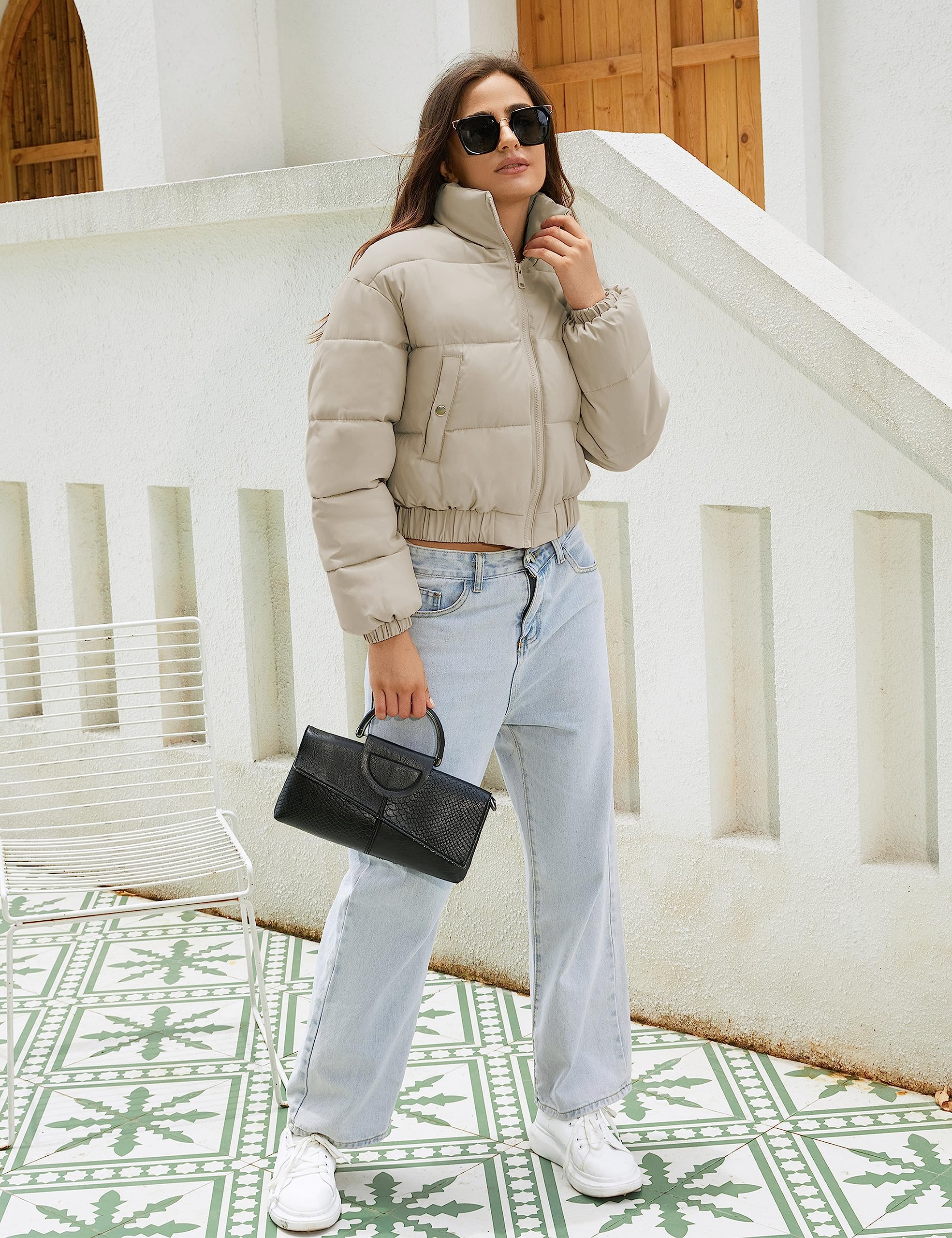 Hooever Women's Cropped Puff Jacket - Winter Stand Collar Quilted Bubble Coat with Full Zipper | Warm Outerwear for Casual Outings, Street Style & Cold Weather Fashion