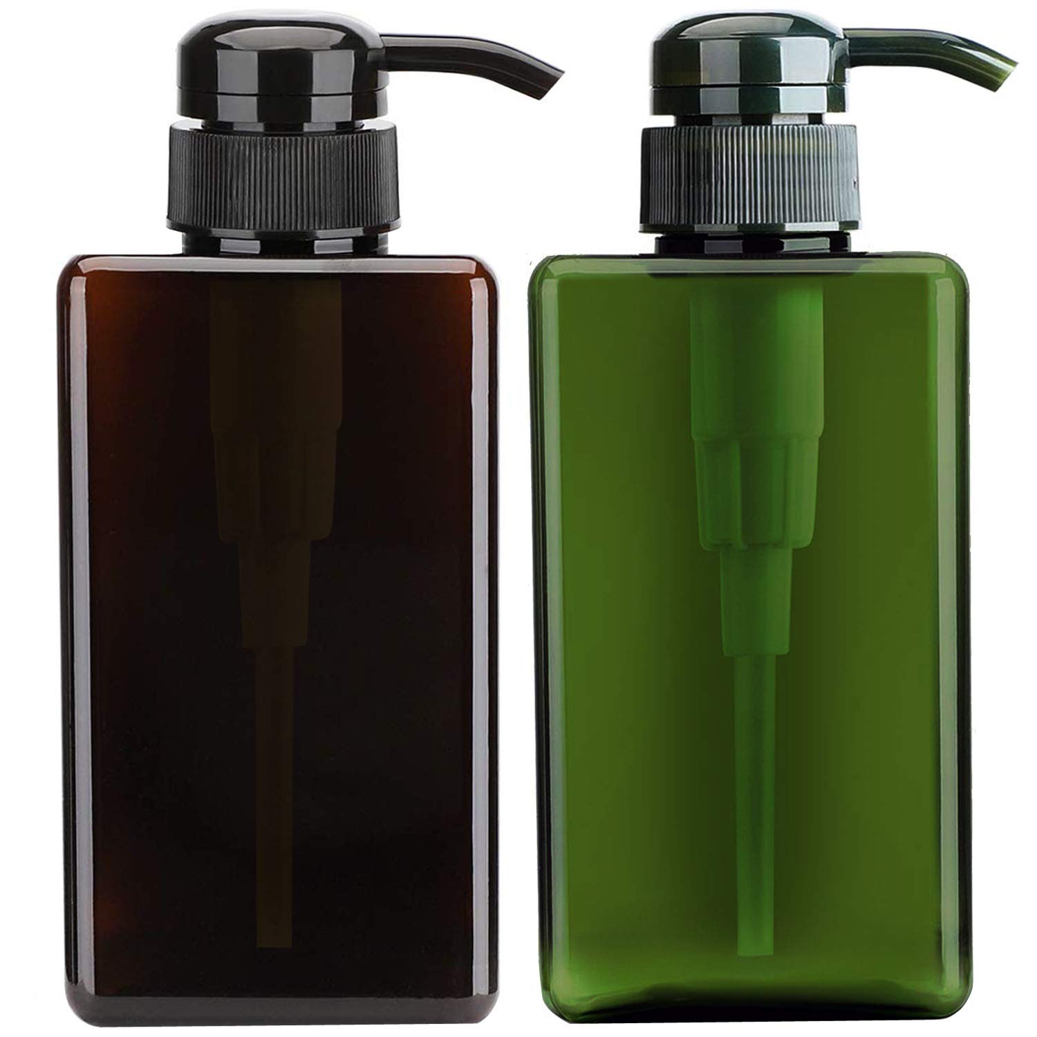 Alledomain 2-Pack 450ml (15.8oz) Refillable Plastic Pump Dispenser Bottles - Square Lotion & Shampoo Containers for Bathroom, Shower & Travel (Green + Brown) | Perfect for Body Wash, Liquid Soap & Toiletries Storage
