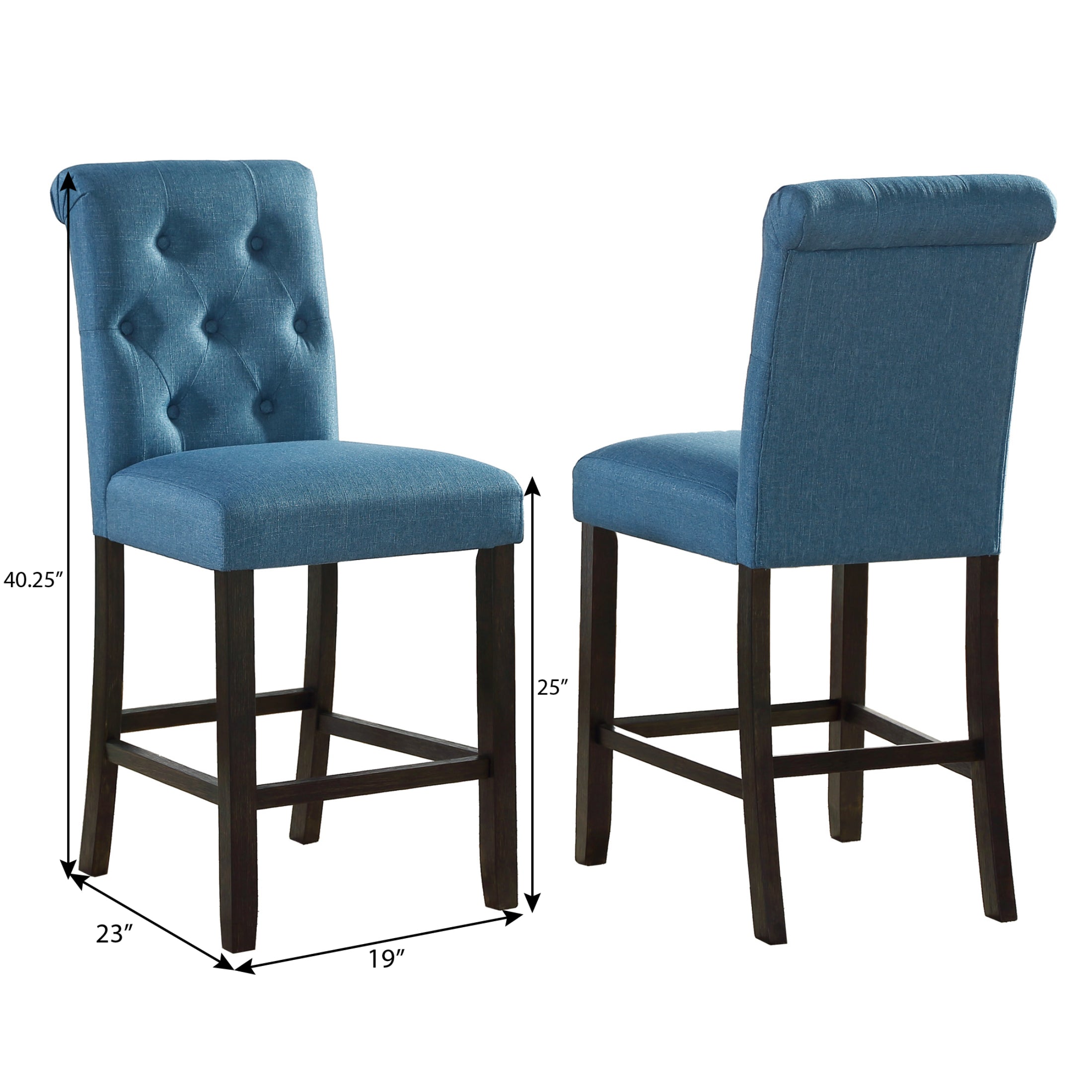 Roundhill Furniture Leviton Solid Wood Tufted Bar Stools, Set of 2 - Blue Upholstered Counter Height Stools for Kitchen Island, Breakfast Bar & Home Decor
