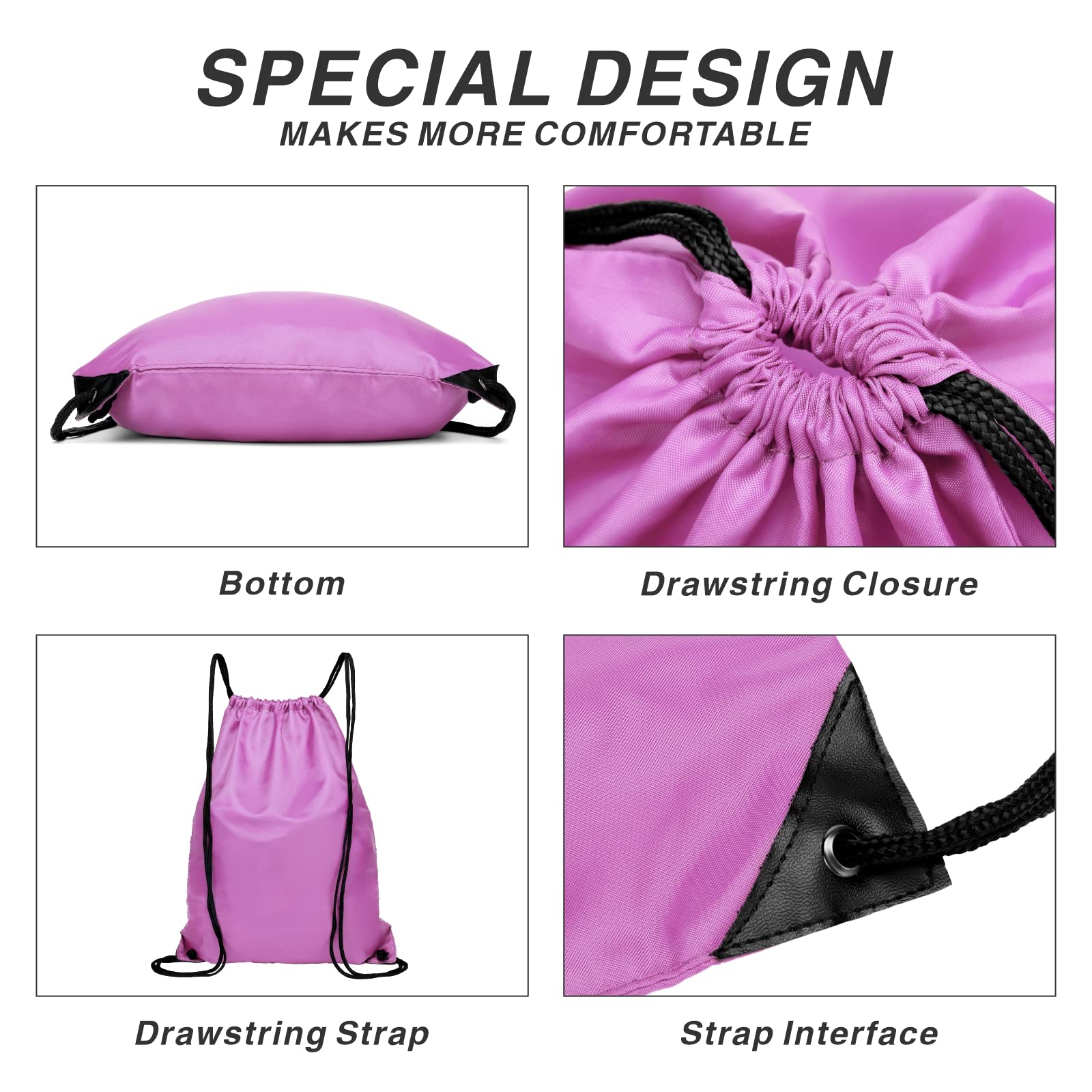 210D Nylon Drawstring Backpack with Zipper Side Pocket - Foldable Lightweight Sports Gym Tote Bag for Men & Women (Pink) - Perfect for Workouts, Travel, School & Outdoor Activities