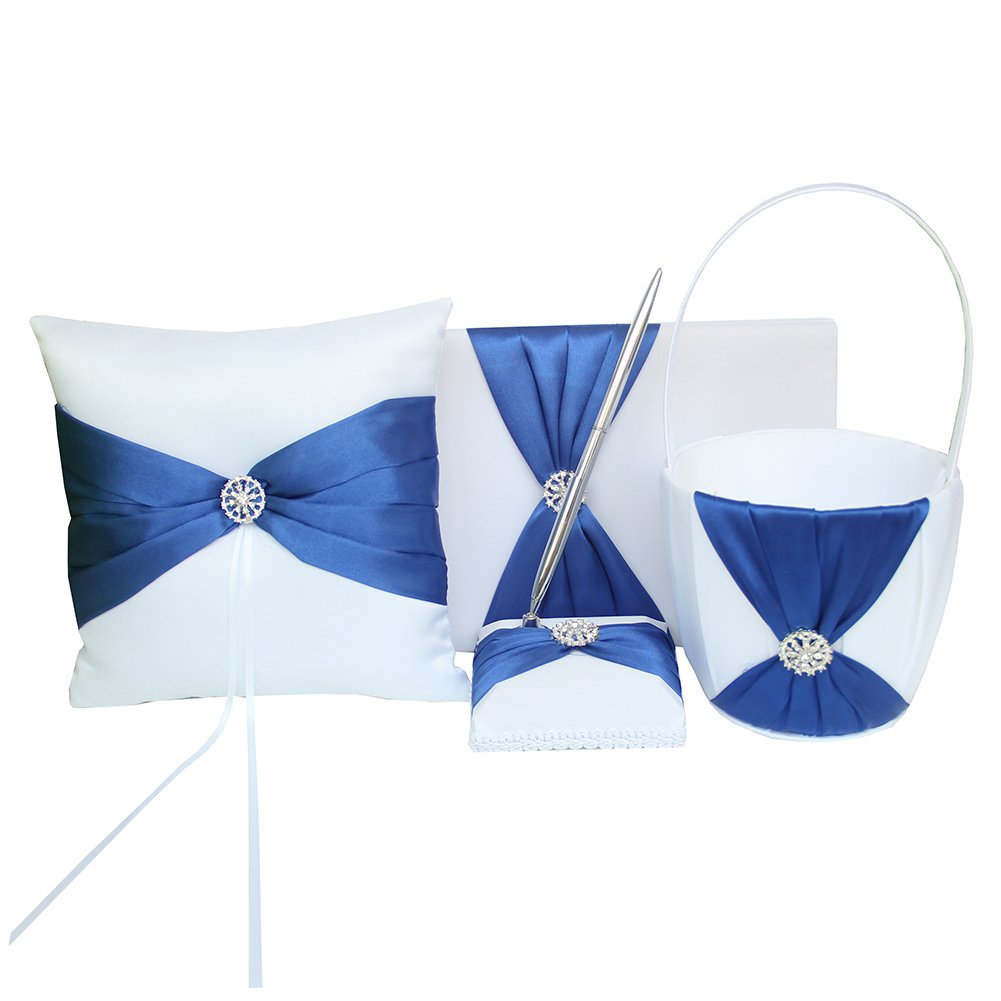 4pcs Wedding Sets - Flower Girl Basket, Ring Bearer Pillow, Guest Book with Pen & Rhinestone Pen Holder - Rustic Bridal Shower Ceremony Decor in Dark Blue | Perfect for Wedding, Reception & Bridal Party Accessories
