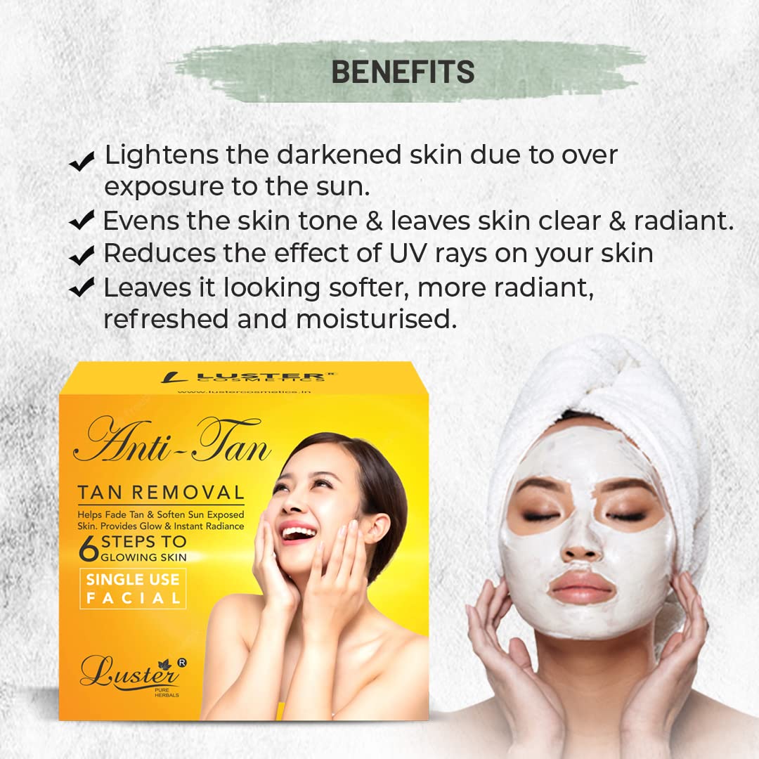 Luster Red Wine Facial Kit & Anti-Tan Facial Kit | 6-Step Brightening Facial Treatment | Single-Use Mini Skincare Set for Women & Men | Paraben & Sulfate Free - 40g Each | Perfect for Travel, Spa Days & Quick Skin Refresh
