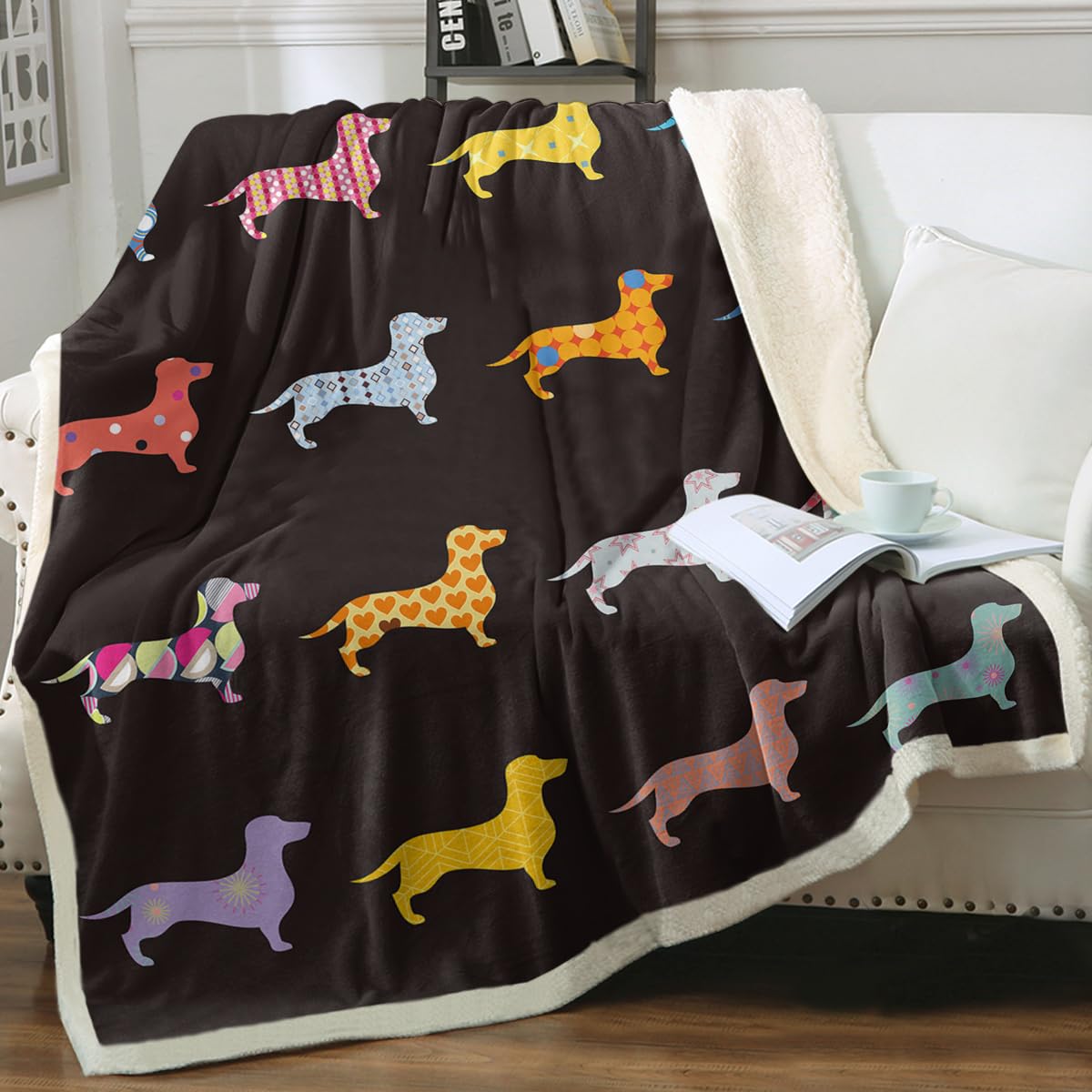 Sleepwish Colorful Dachshund Fleece Throw Blanket - Soft Fuzzy Black Cartoon Puppy Sherpa Blanket for Couch, Chair & Bed - Cozy Gift for Women & Kids - King Size 108x90 Inches - Perfect for Living Room, Nursery & Winter Snuggling