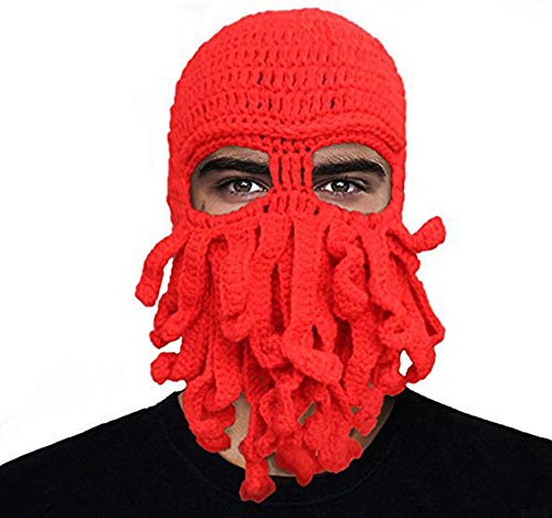 Funny Unisex Knit Octopus Hat with Beard - Warm Winter Beanie for Cosplay, Halloween Costume & Outdoor Activities - Perfect Gift for Men & Women