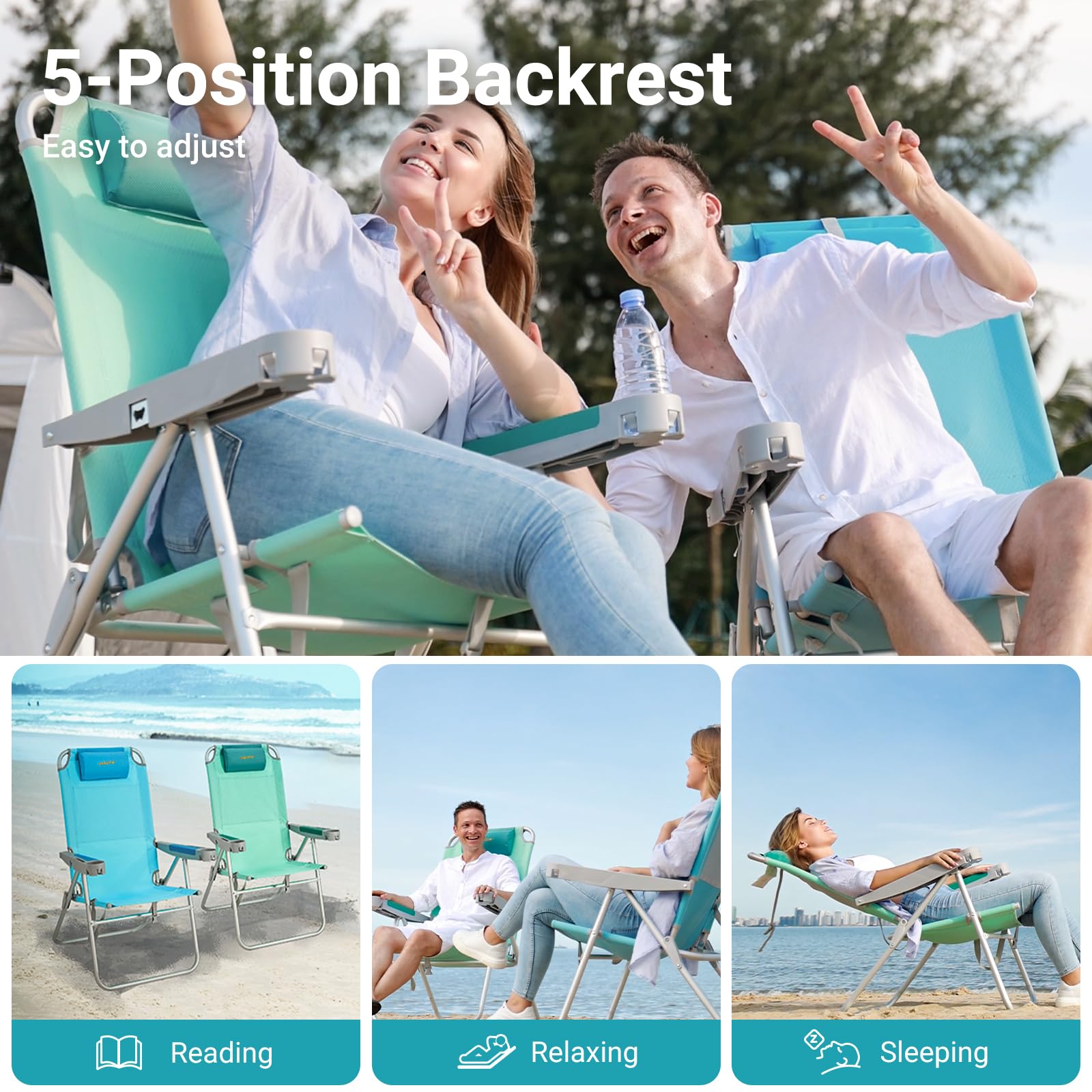 WEJOY 17 Inch Oversized Beach Chair - 5 Position Adjustable Reclining Folding Backpack Chair for Adults - Heavy Duty 300 lbs Capacity with High Back Support, Bottle Opener, Handle Strap & Phone/Cup Holder - Perfect for Beach, Camping, Backyard, Poolside & Outdoor Relaxation