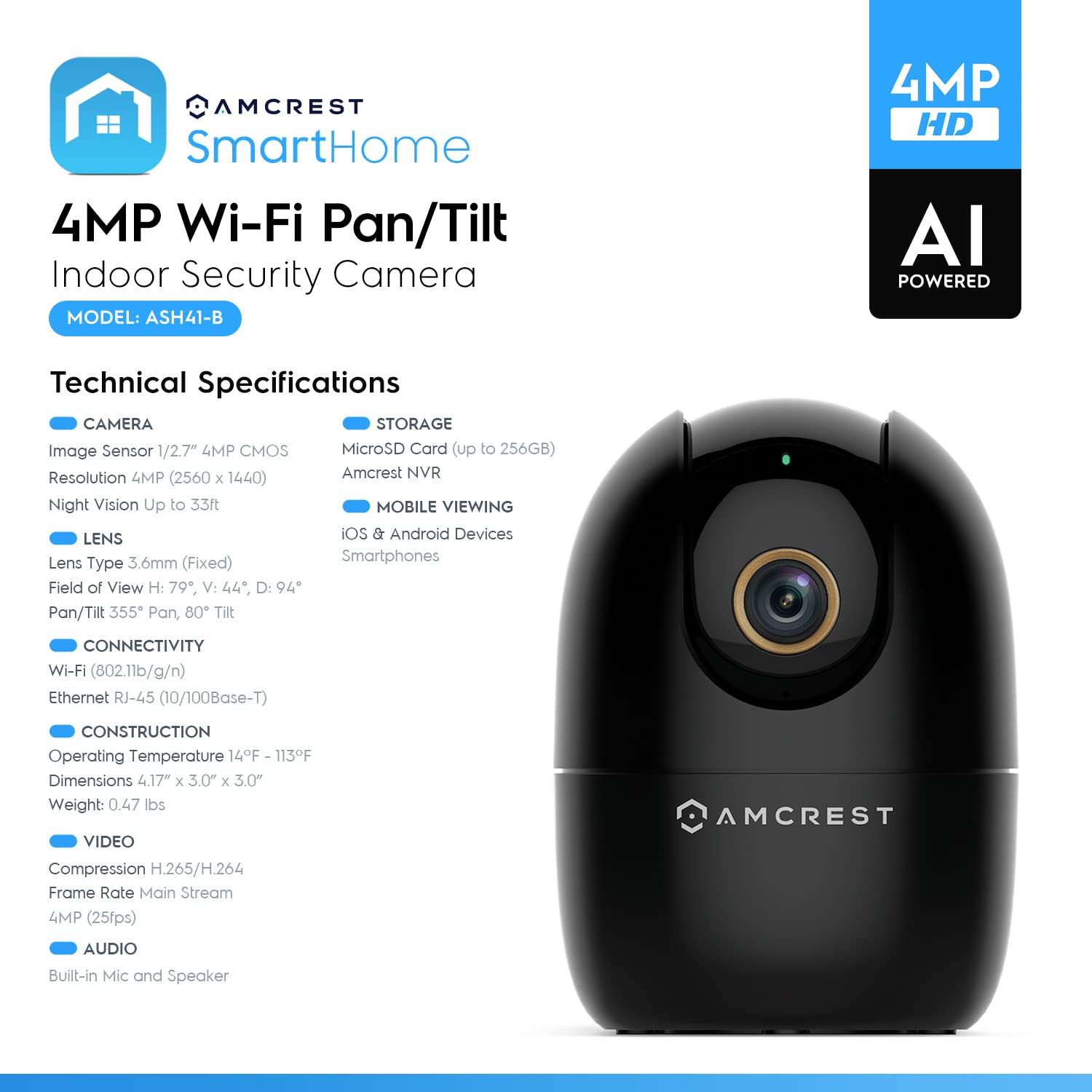 Amcrest 4MP WiFi Indoor Security Camera with Human & Pet Detection - Smart Baby Monitor, Dog Camera with 2-Way Audio, Motion Tracking, Night Vision, Pan/Tilt - Ideal for Home Security, Pet Monitoring & Baby Care (ASH41-B)