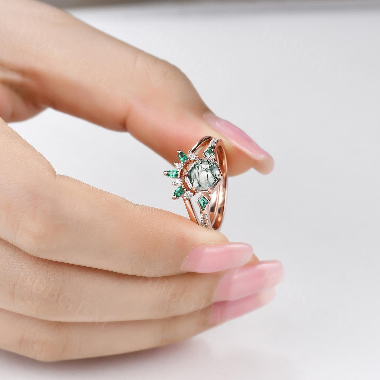 Natural Hexagon Green Moss Agate and Kite Emerald Engagement Ring Set with Diamond Wedding Band - Elegant Bridal Jewelry for Proposals, Weddings & Anniversaries