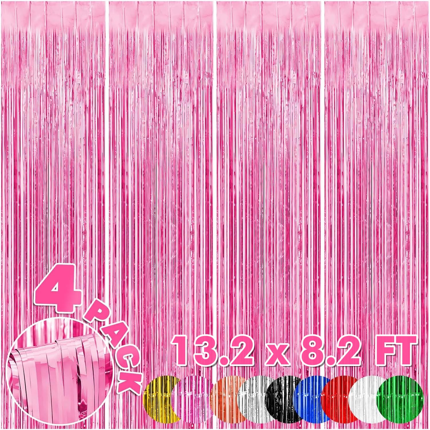 4 Pack 3.3x8.2ft Foil Fringe Backdrop Curtains - Pink Tinsel Streamers for Birthday Party Decorations, Girl Disco Princess Parties, Baby Showers & Wedding Photo Booths | Perfect for Wall Decor, Stage Background & Event Photography