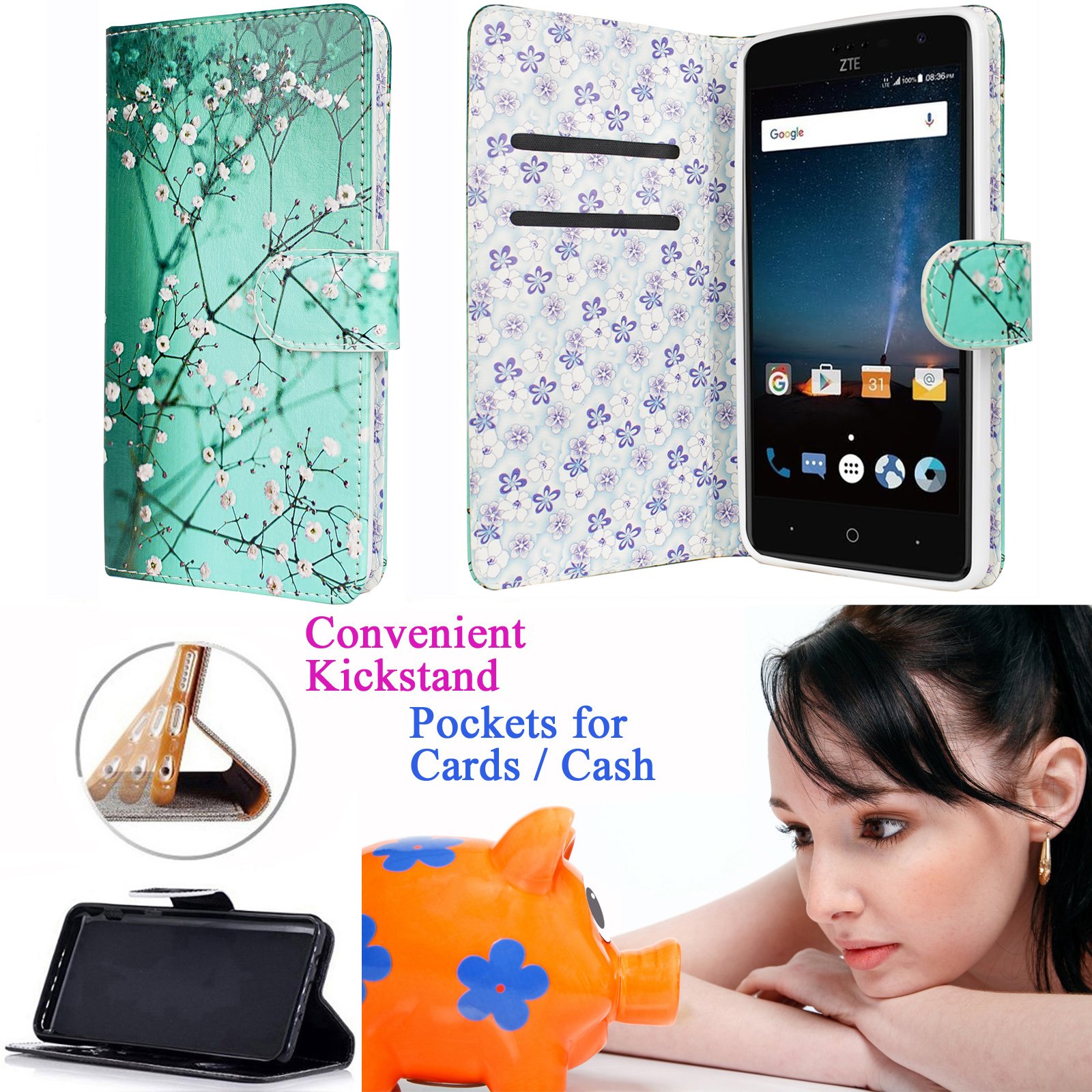 ZTE Blade Spark ZMAX ONE Grand X4 Hybrid Wallet Case with Grip, Kickstand, and Screen Flip Cover - Blossom Teal for Everyday Protection and Convenience