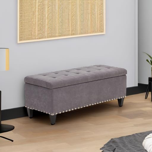 HUIMO 41-inch Upholstered Fabric Storage Ottoman Bench with Safety Hinge - Button-Tufted Design, Grey - Multi-Functional Footrest & Seat for Bedroom, Living Room, Entryway - Perfect as Bed End Bench, Coffee Table Alternative & Extra Storage Solution