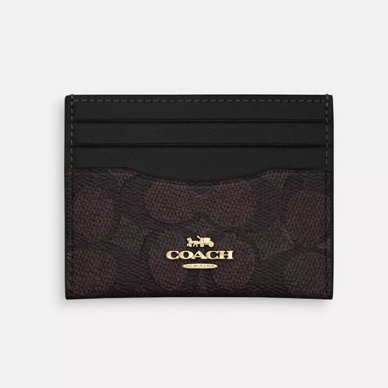 Coach Slim ID Card Holder Wallet - Signature Canvas with Gold/Walnut/Black Colors | Compact Credit Card Case for Women & Men | Perfect for Travel, Work & Everyday Use