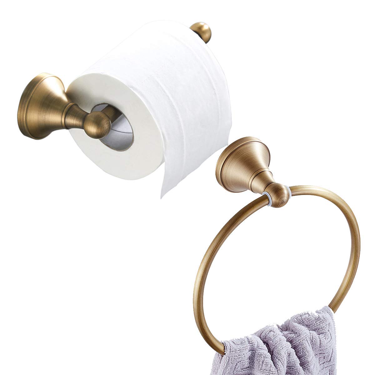 Antique Brass Wall Mounted Toilet Paper Holder and Towel Ring Set - Brushed Bronze Finish for Bathroom Decor | Perfect for Modern, Farmhouse & Vintage Style Homes