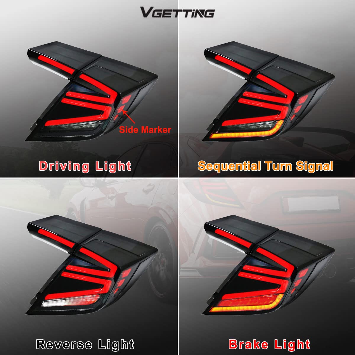 2016-2020 Honda Civic Type R Hatchback LED Tail Lights - Smoked Lens Sequential Turn Signal & DRL Brake Light Assembly - Perfect for Night Driving & Car Customization