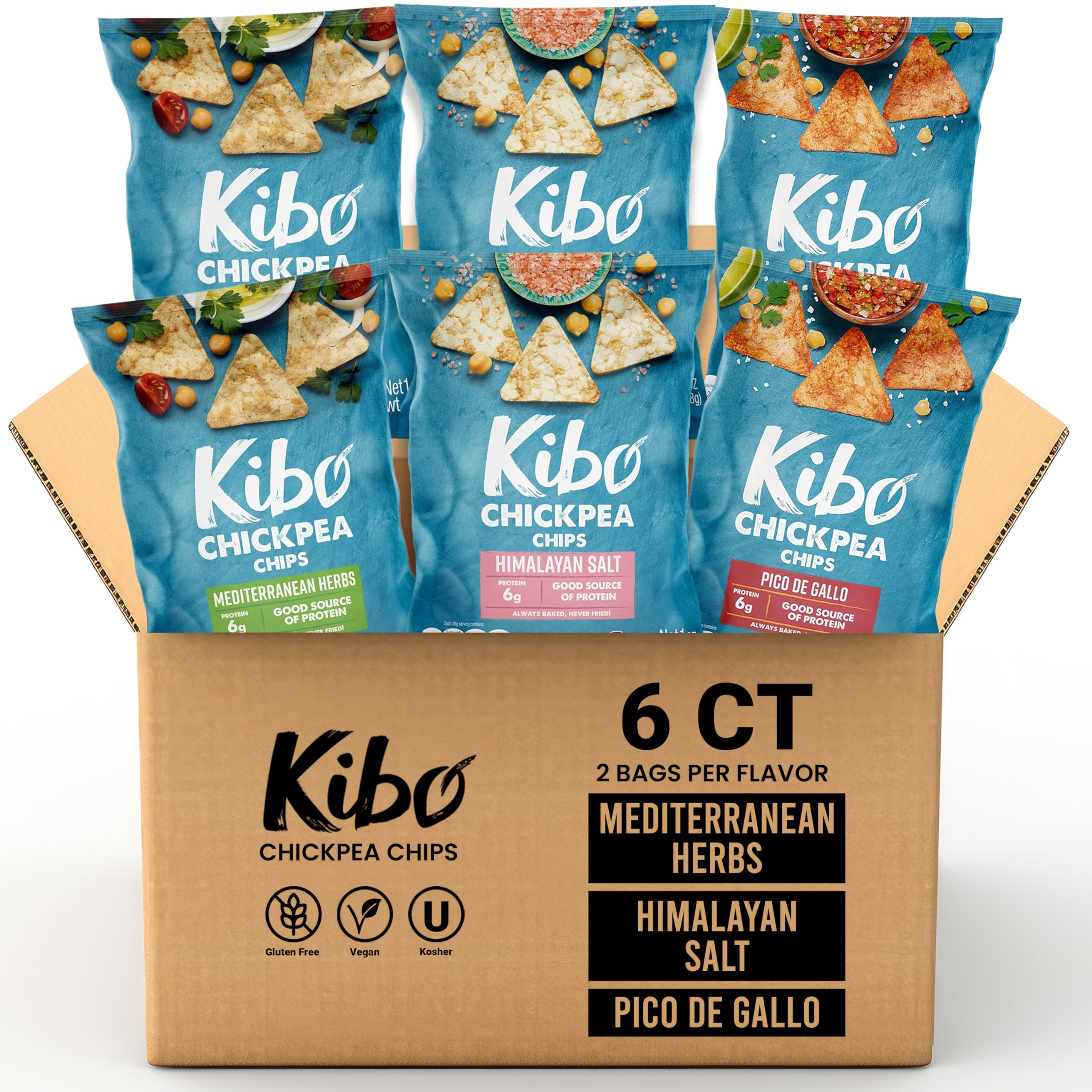 Kibo Chickpea Chips 3 Flavor Variety Pack - High Protein & Fiber, Plant-Based, Gluten-Free, Non-GMO, Vegan Snacks - Made with Real Vegetables - 1oz Bags (6 Pack) - Perfect for Healthy Snacking, Lunchboxes, and On-the-Go Nutrition