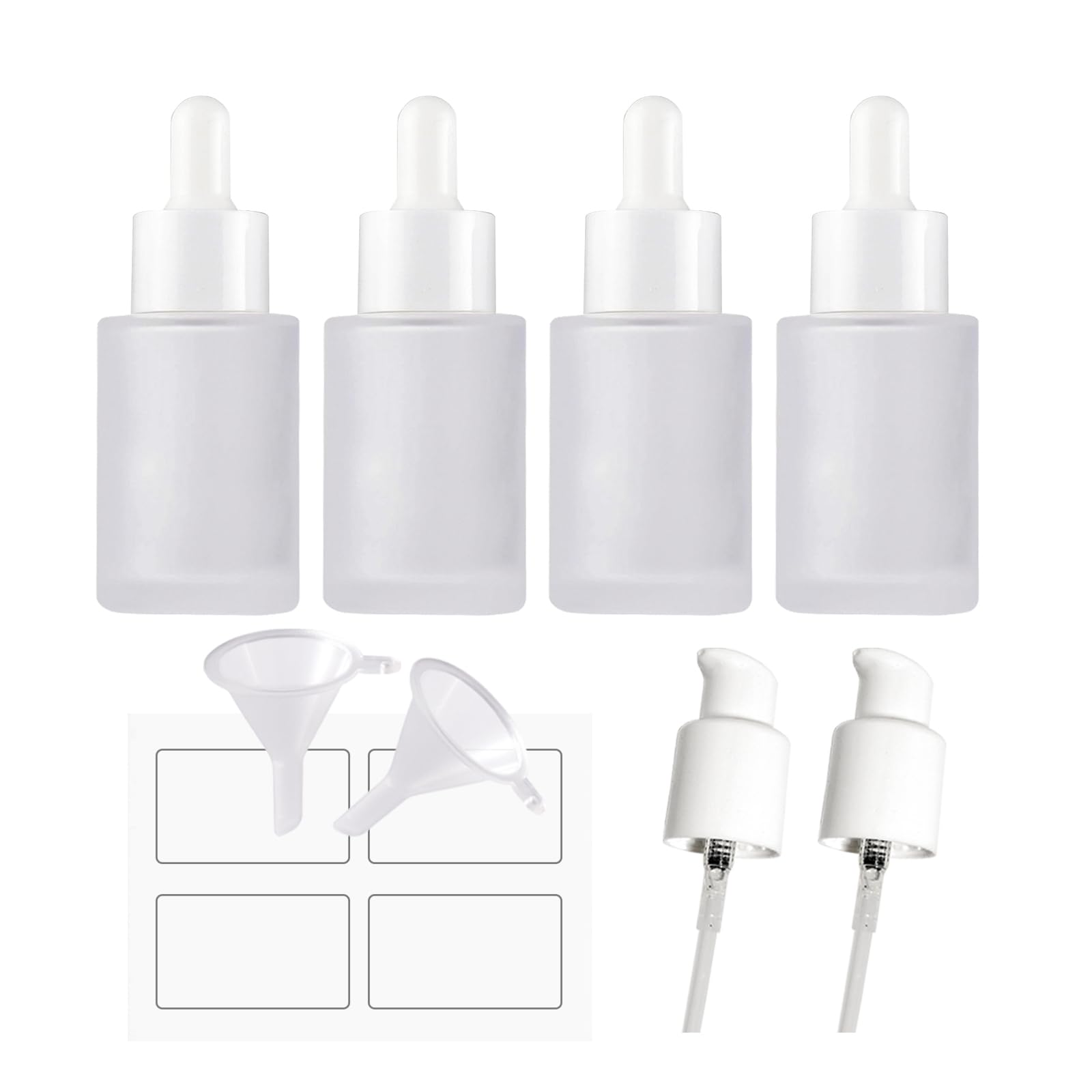4 Pack 1oz (30ml) Clear Frosted Glass Dropper Bottles with 2 Funnels & 2 Lotion Pumps - Essential Oil Bottles, Serum Droppers, Lotion Containers, Tincture Storage - Perfect for DIY Skincare, Aromatherapy & Herbal Remedies