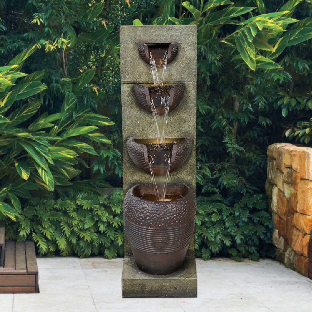 Hamiedun 4-Tier Outdoor/Indoor Garden Waterfall Fountain Decor - Modern Patio, Deck & Porch Water Feature for Relaxation | Perfect for Backyard, Yard Art & Home Decor (Brown & Grey)