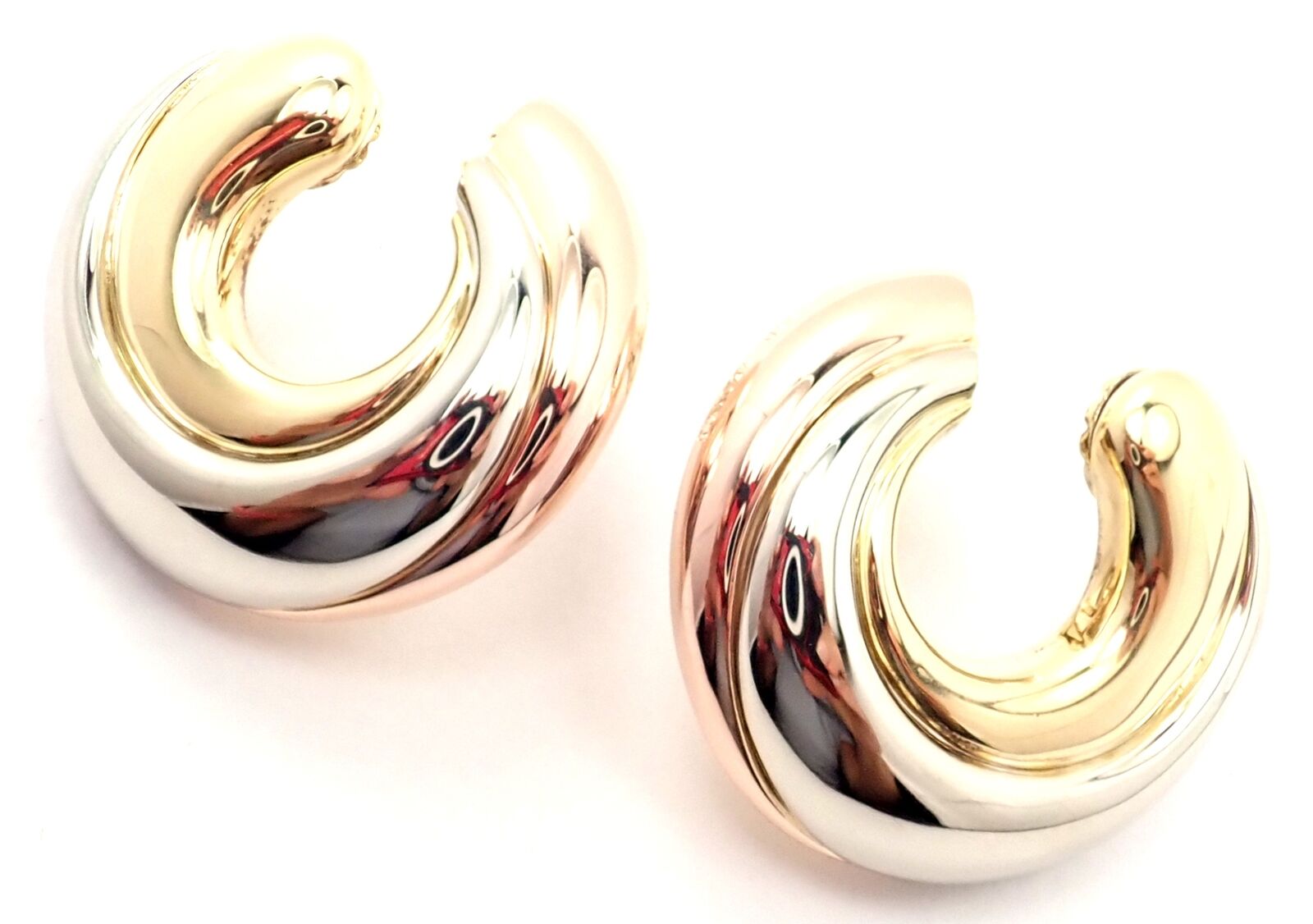 Authentic Cartier 18k Tri-Color Gold Large Trinity Swirl Hoop Earrings for Women | Luxury Jewelry Gift for Anniversary, Birthday & Special Occasions