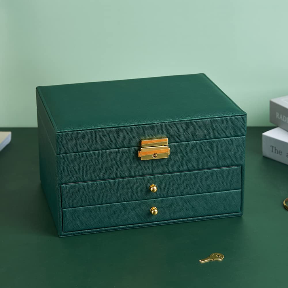 3-Layer Large Jewelry Box for Women with 2 Lockable Drawers - Premium Jewelry Storage Organizer for Necklaces, Rings & Earrings - Perfect for Bedroom, Closet & Travel Use