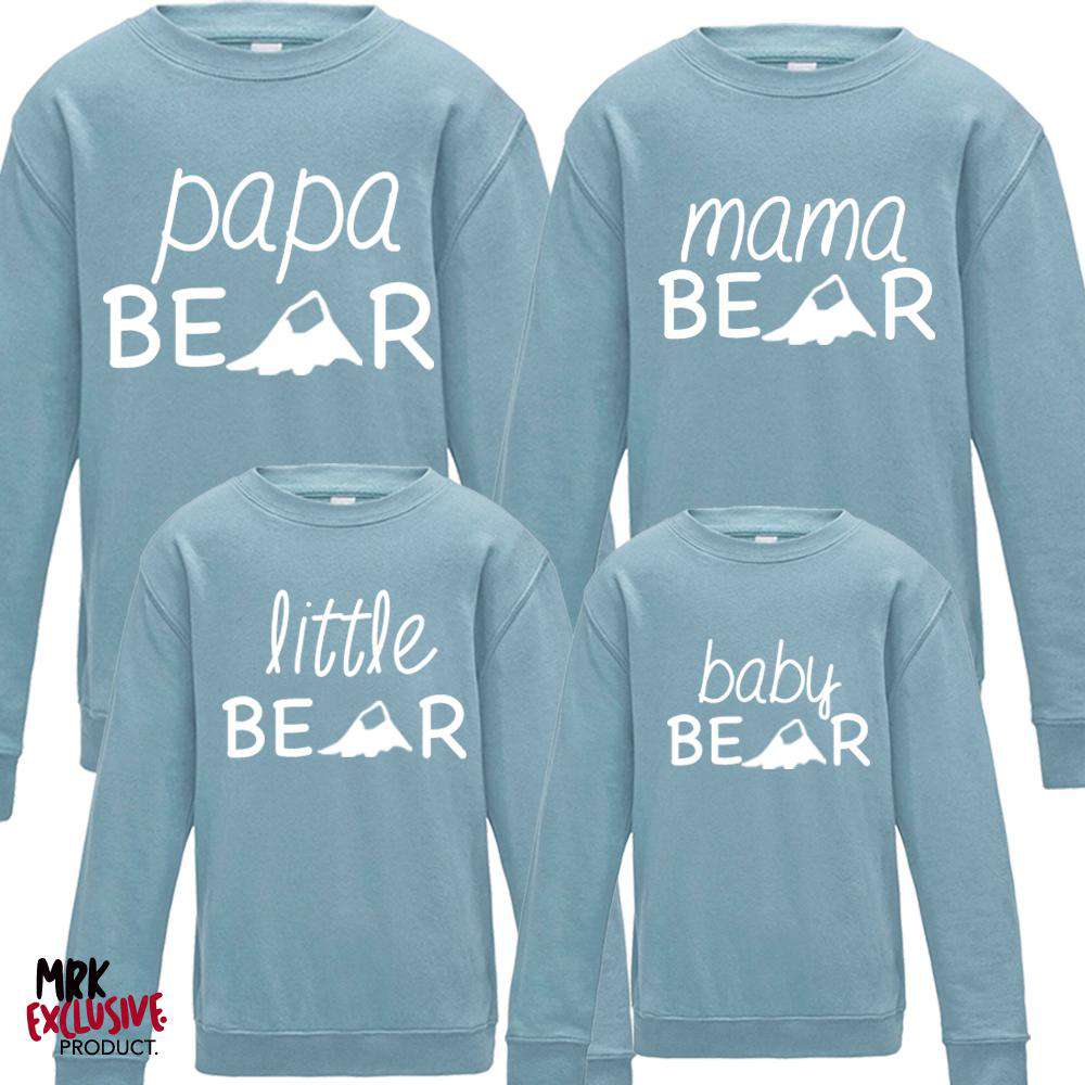 Bear Family Matching Crew Sweatshirts - Soft Pastel Blue Cotton Set for Mom Dad Kids - Cozy Family Outfits for Holidays, Photos & Casual Wear