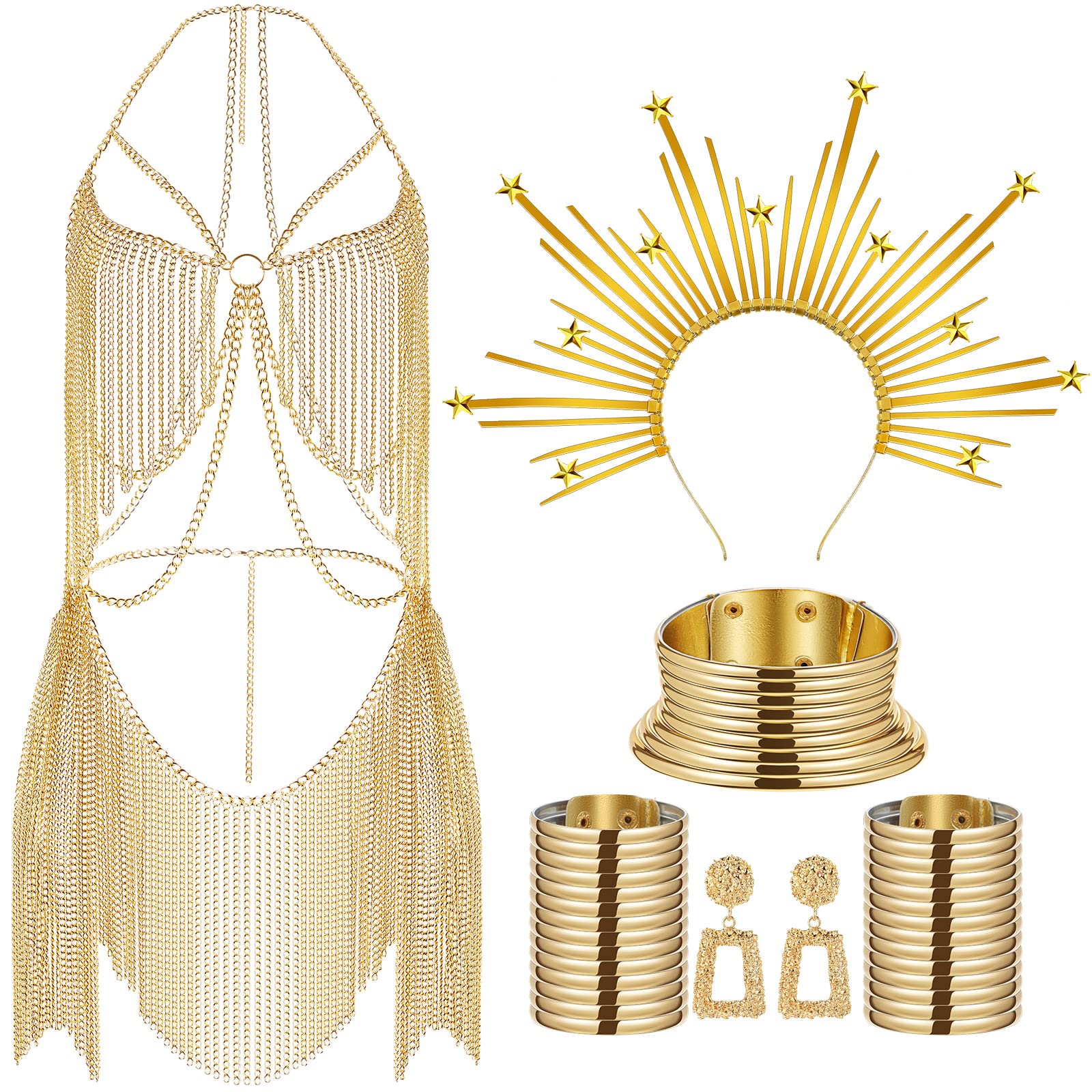 Sureio African Vintage Jewelry Set - 24K Gold Plated Body Chain, Belly Chain Dress & Egyptian Choker Bracelet Earrings for Women | Perfect for Maternity Photoshoots, Cosplay Costumes, Boho Festivals and Bridal Accessories