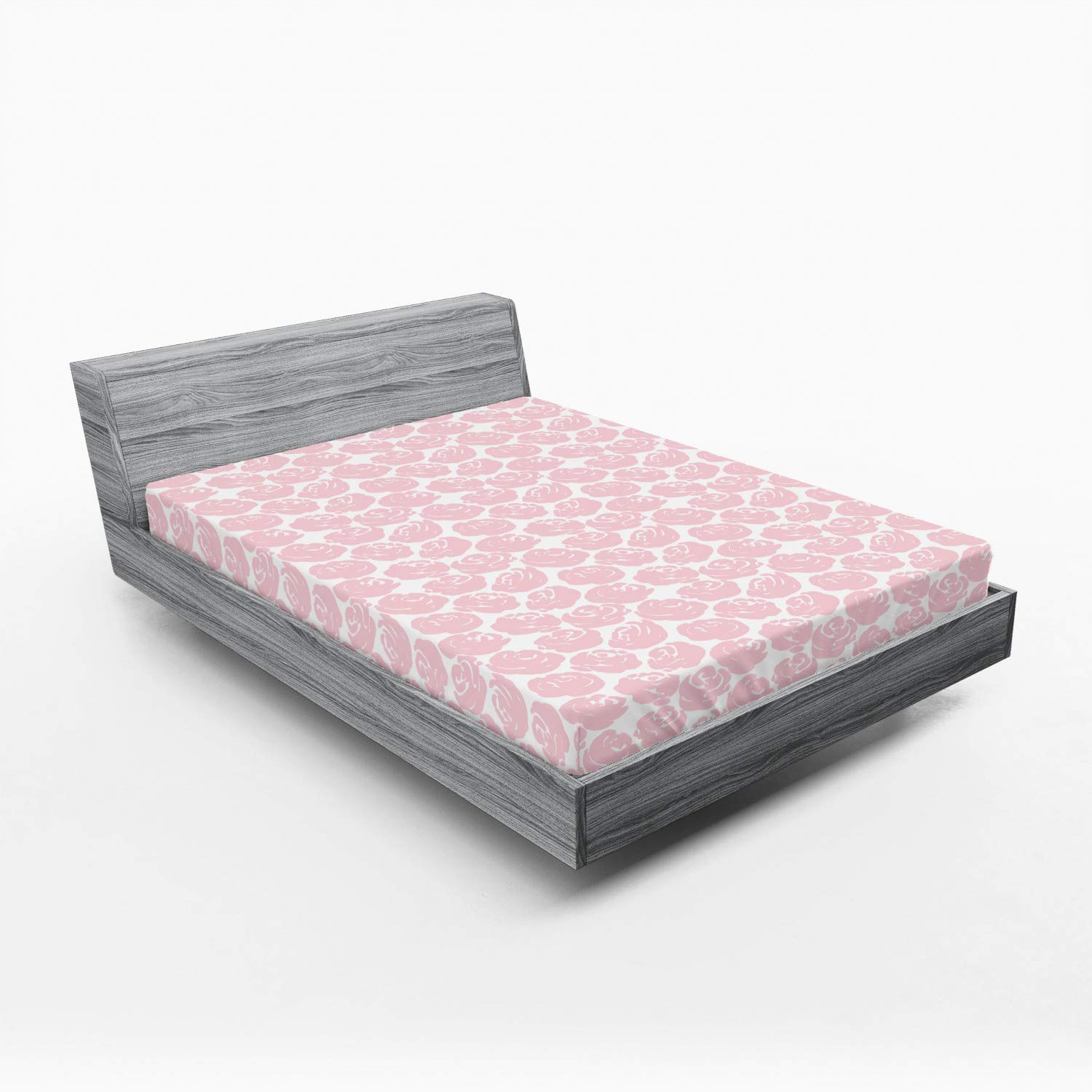 Ambesonne Floral Fitted Sheet - Full Size Rose White with English Garden Print, Deep Pocket Elastic Bed Cover for Queen Mattress | Soft Abstract Rose Silhouettes Pattern | Perfect for Guest Rooms, Master Bedrooms & Vacation Homes