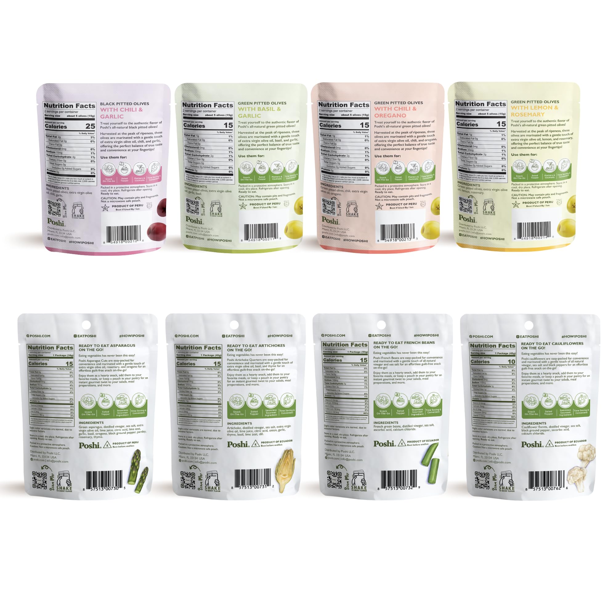 Poshi Olives + Veggies | Whole Pitted Olives 4 Flavor Variety Pack | Vegan, Kosher, Gluten Free & Keto Friendly Healthy Snacks (24 Pack) | Perfect for Lunch Boxes, Picnics & On-the-Go Snacking