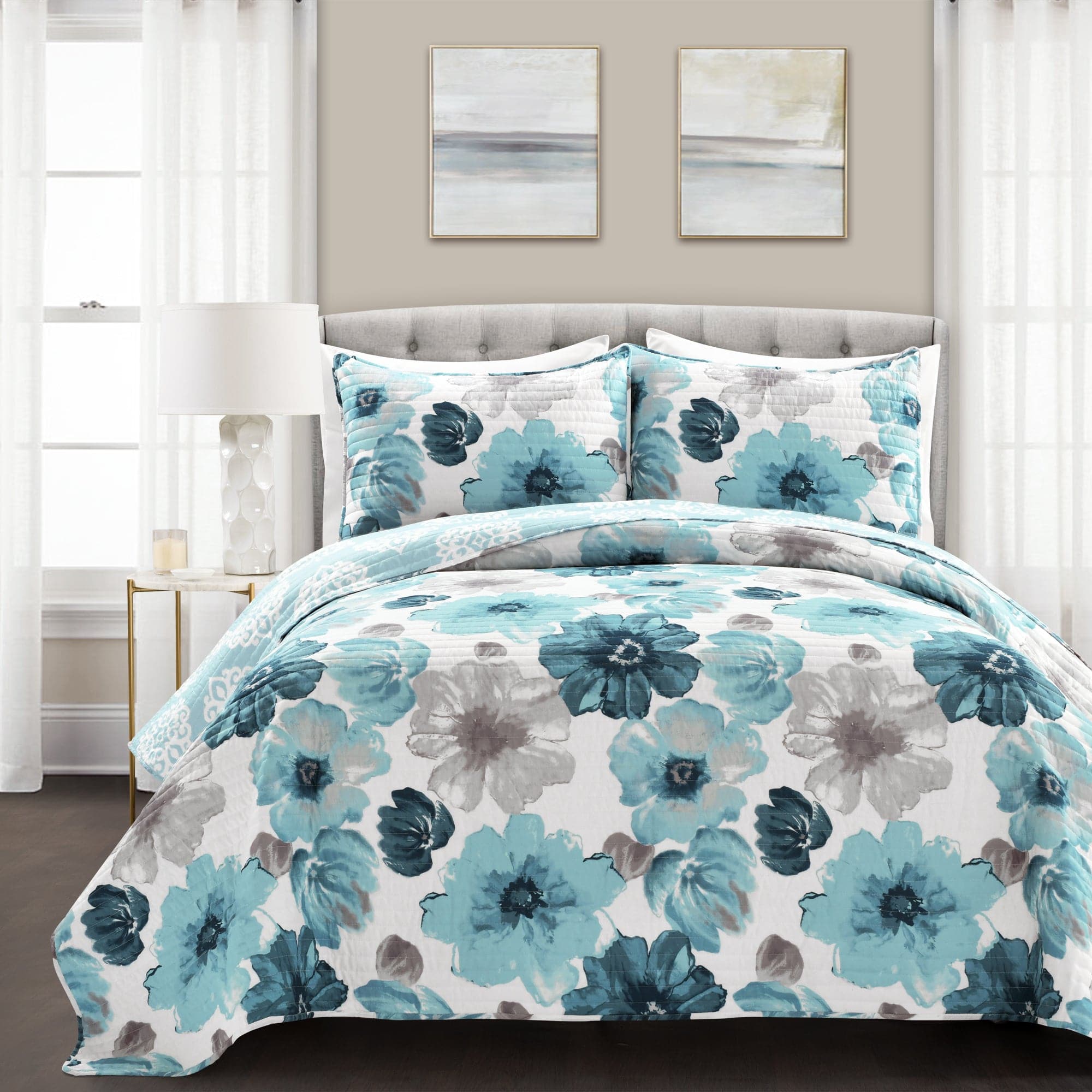 Leah Quilt 3 Piece Bedding Set - Queen Size Comforter, Pillow Shams & Bed Skirt - Soft Microfiber Luxury Quilted Bed Set for Cozy Bedroom Decor