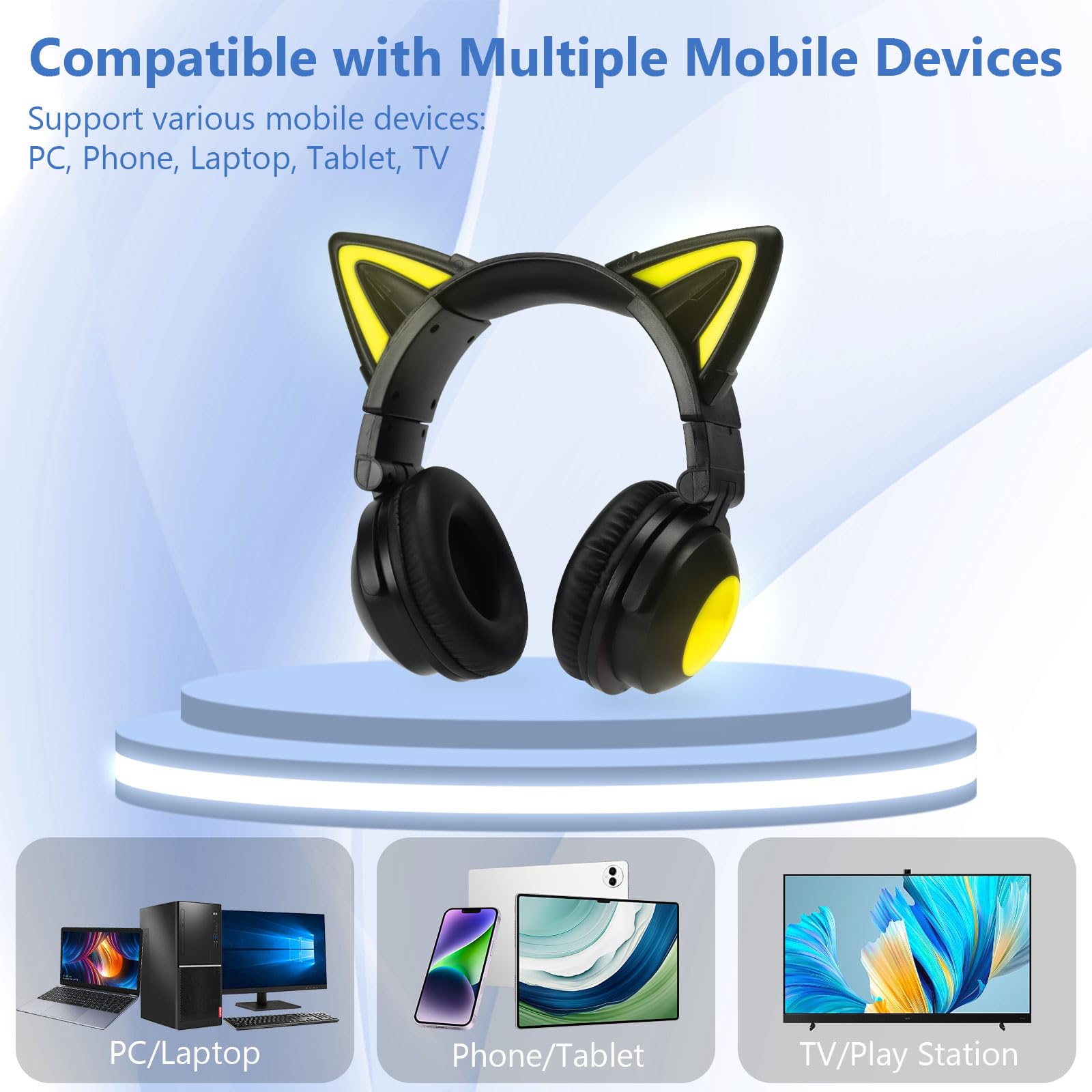 Wireless Cat Ear Headphones with Built-in Mic - Foldable LED Bluetooth Headset for Kids & Adults, Compatible with Phone/PC/Tablet/TV (Black) - Perfect for Gaming, Music, Online Classes & Travel