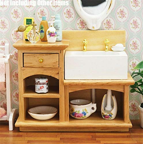 1/12 Miniature Wooden Wash Basin Cabinet with Ceramic Hand Sink - Perfect for Dollhouse Bathroom & Kitchen Decor, DIY Craft Projects, and Model Home Accessories