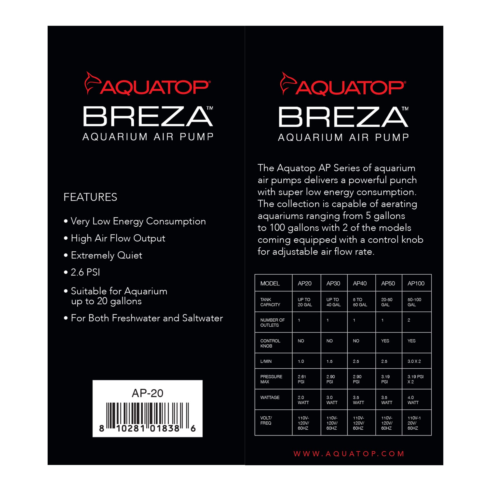 Aquatop Breza Aquarium Air Pump - Quiet Oxygen Pump for Fish Tanks, 10-20 Gallon - Perfect for Home Aquariums, Fish Breeding & Hydroponics Systems