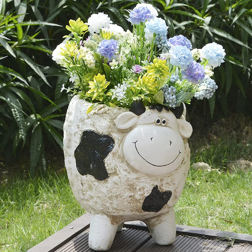 Resin Garden Sculpture - Handcrafted Cow Statue for Flower Pot & Outdoor Decor | Durable Animal Ornament for Courtyard, Gardening & Landscape Design | Perfect for Patio, Yard & Garden Decoration