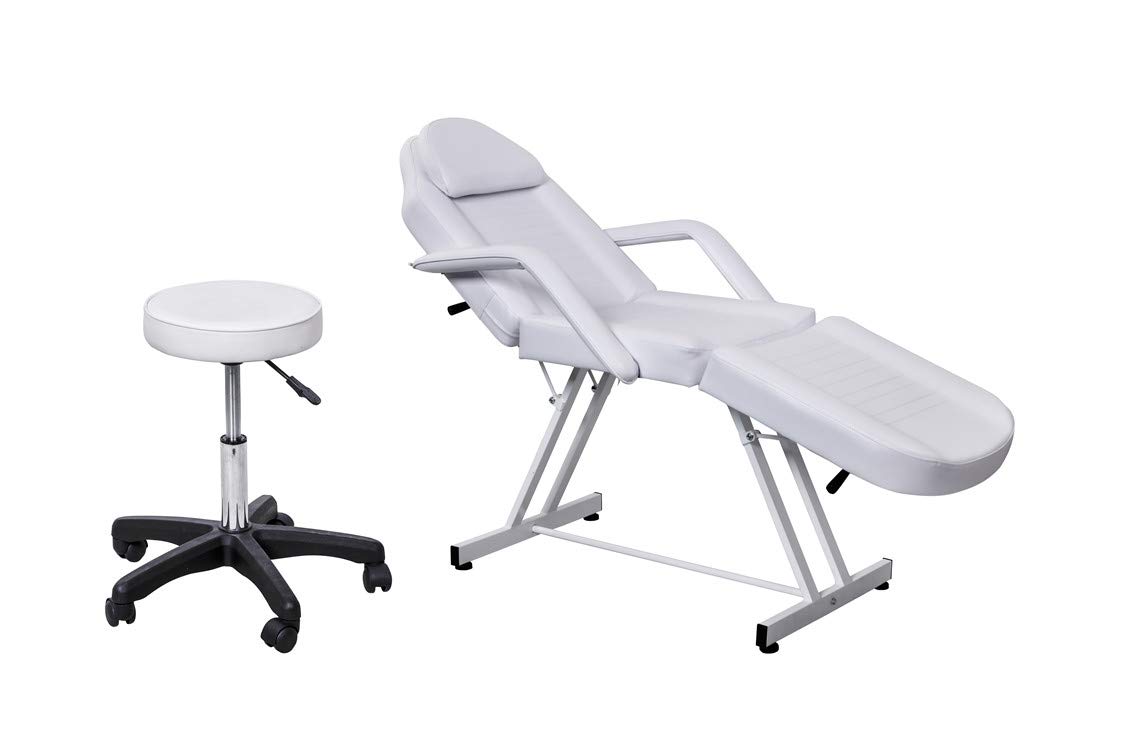 Professional White Convertible Massage Bed Chair with Stool - Spa, Salon & Tattoo Facial Table - Adjustable Beauty Equipment for Relaxation & Therapy | Perfect for Home Spa, Salon Treatments & Tattoo Sessions