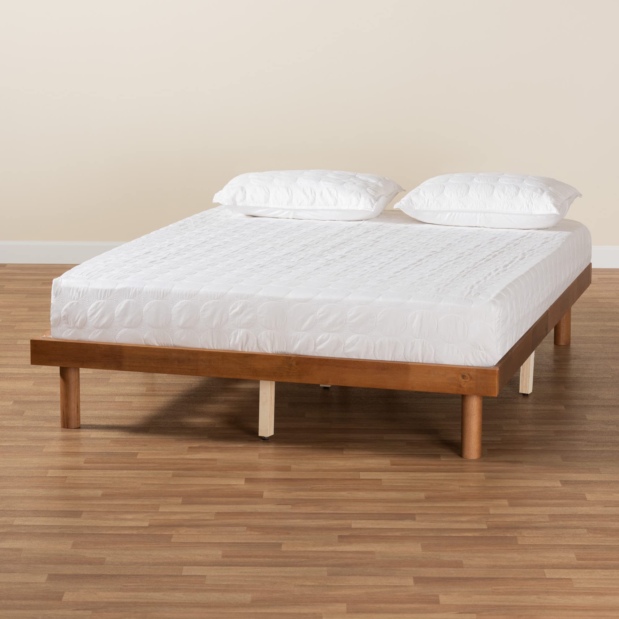 Baxton Studio Winston Queen Bed Frame in Walnut Brown - Solid Wood Platform Bed with Upholstered Headboard for Modern Bedroom Decor