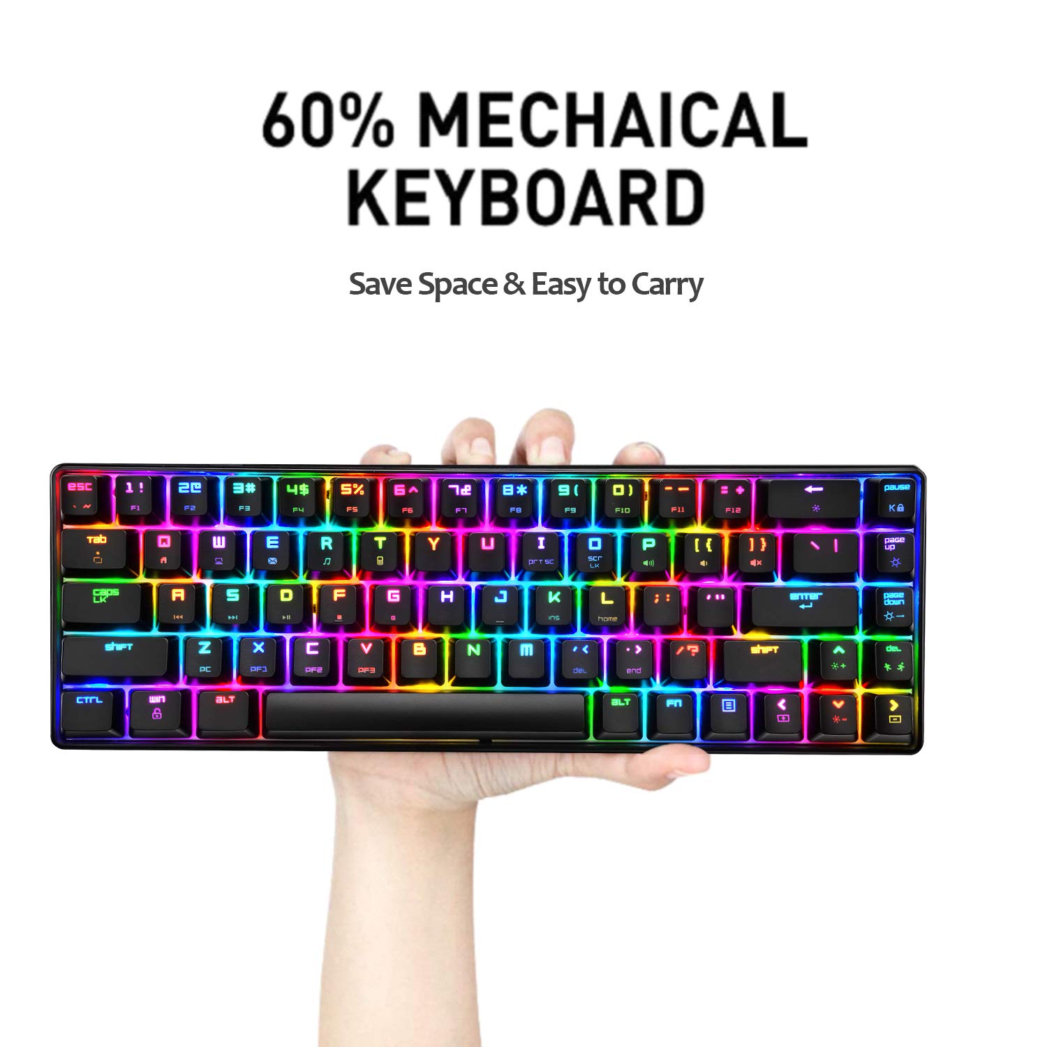 60% RGB Mechanical Gaming Keyboard - 68 Keys, USB Type-C, Waterproof for PC Gamers