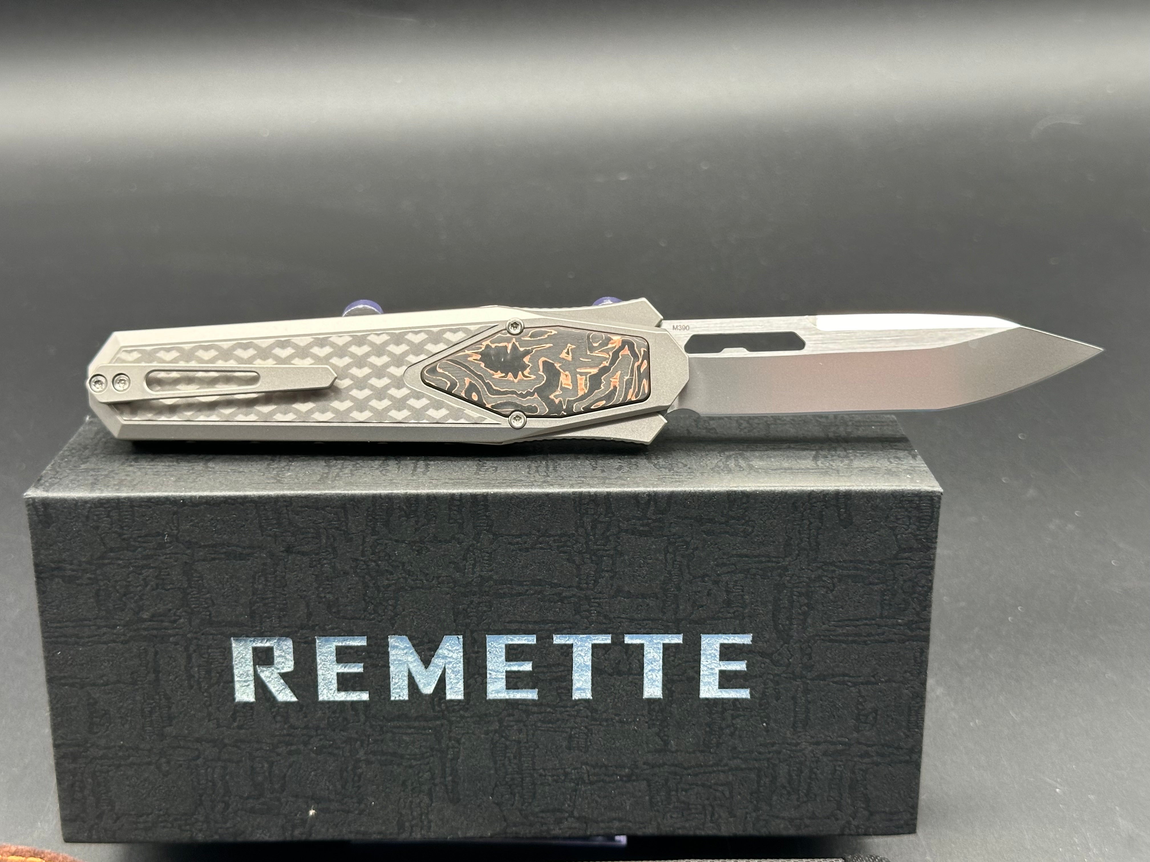 Premium RT Swordfish Knife - Grey Titanium Handle with Copper Foil Fat Carbon Inlay, Tanto Blade in M390 Steel - Perfect for EDC, Outdoor Adventures & Collectors