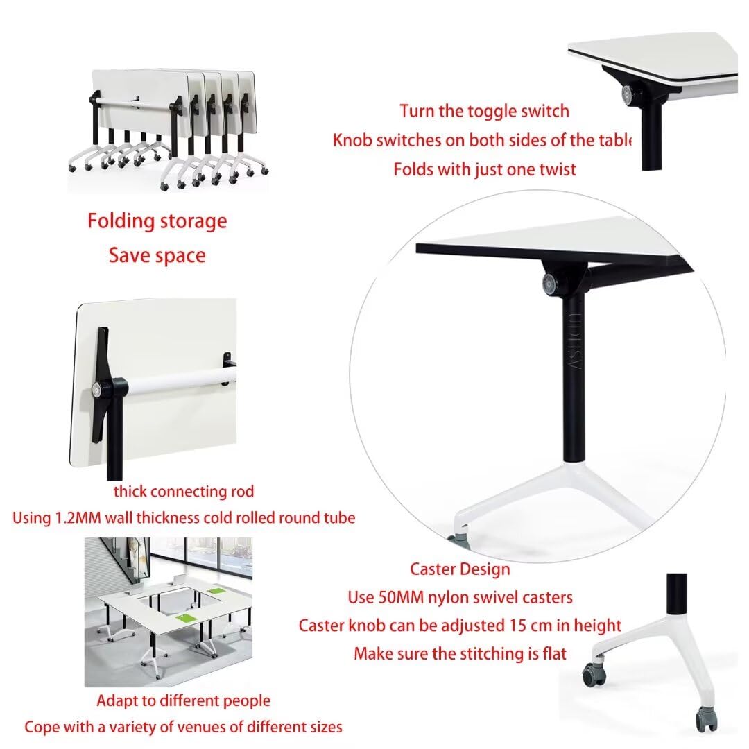 Modern Folding Flip Top Mobile Conference Table with Wheels - 47.2×23.6×29.5 Inches White - Portable Office Training Table for Meetings, Classrooms & Workspaces - Easy to Move & Space-Saving Design