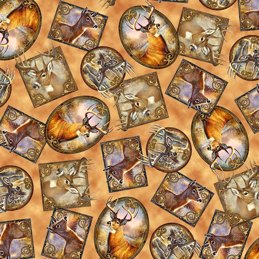 Quilting Treasures Fabrics - Deer Meadow Tossed Deer Patches Rust Cotton Fabric for Quilting, Sewing & Home Decor | Perfect for Blankets, Pillows & DIY Crafts