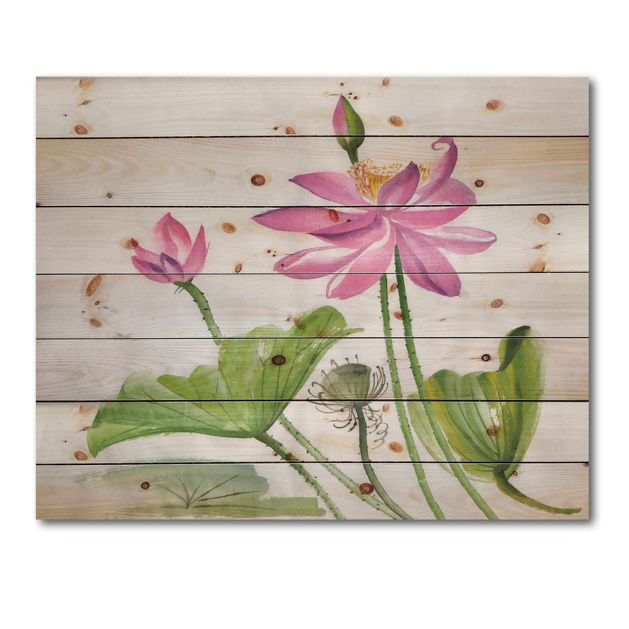 DesignQ Traditional Wood Wall Decor - Two Pink Lotus Flowers Floral Art, Large Pink Wood Wall Panels Printed on Natural Pine - Perfect for Living Room, Bedroom & Home Decor